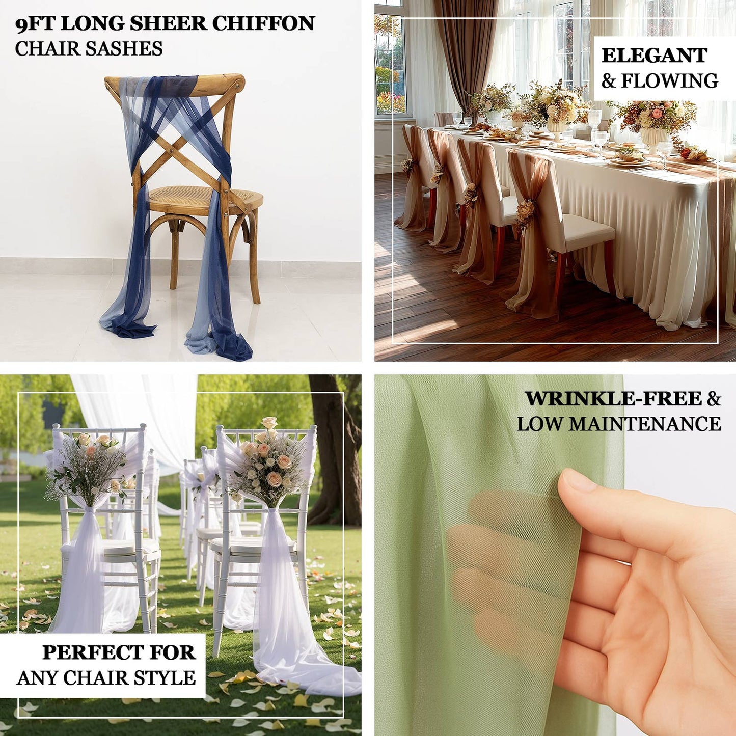 White sheer chair drape with 9ft shimmer sash, perfect for elegant decor.