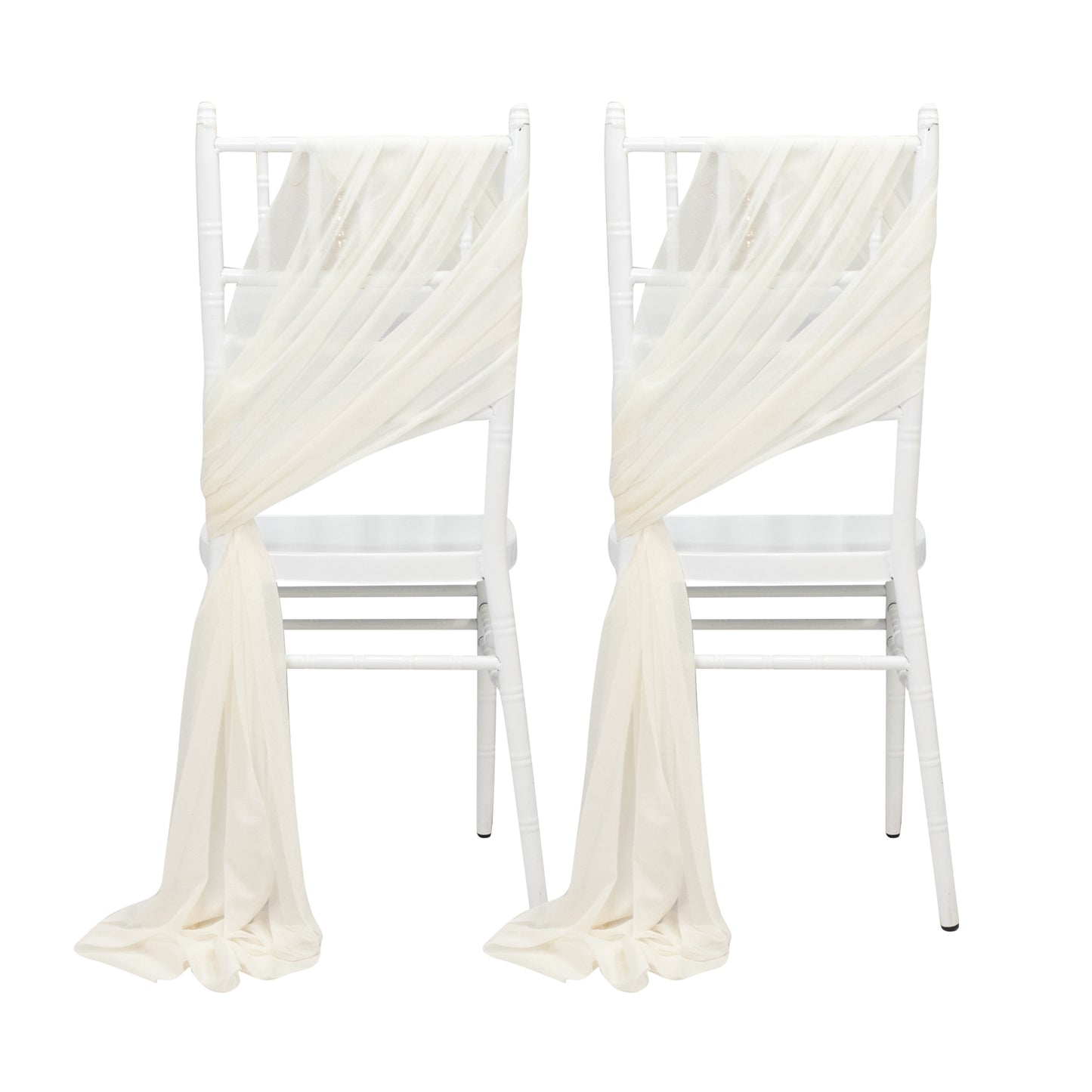 Ivory sheer chair drape decor with 9ft shimmer sash, wrinkle-free design.