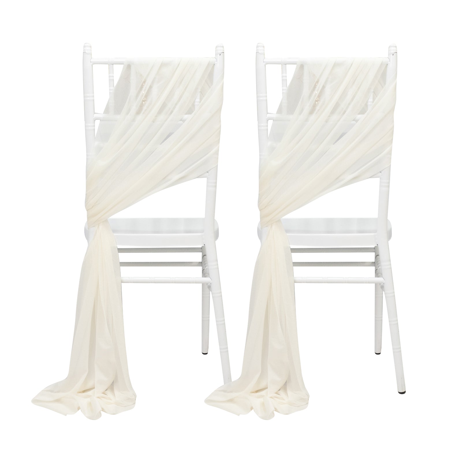 Ivory sheer chair drape decor with 9ft shimmer sash, wrinkle-free design.