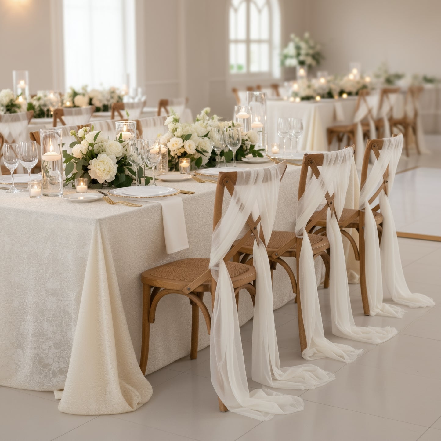 Ivory sheer chair drapes with shimmer sashes for elegant event decor.