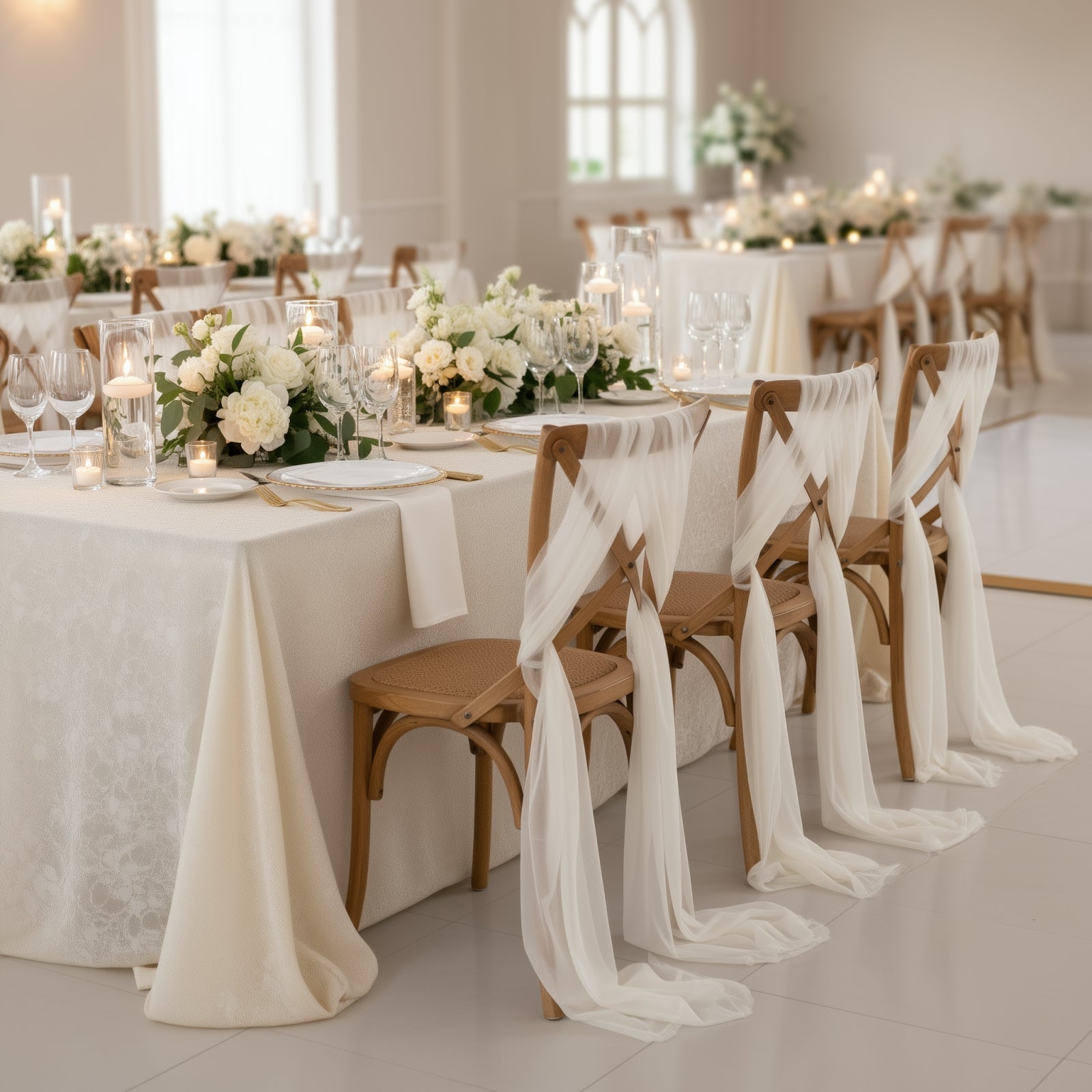 Ivory sheer chair drapes with shimmer sashes for elegant event decor.