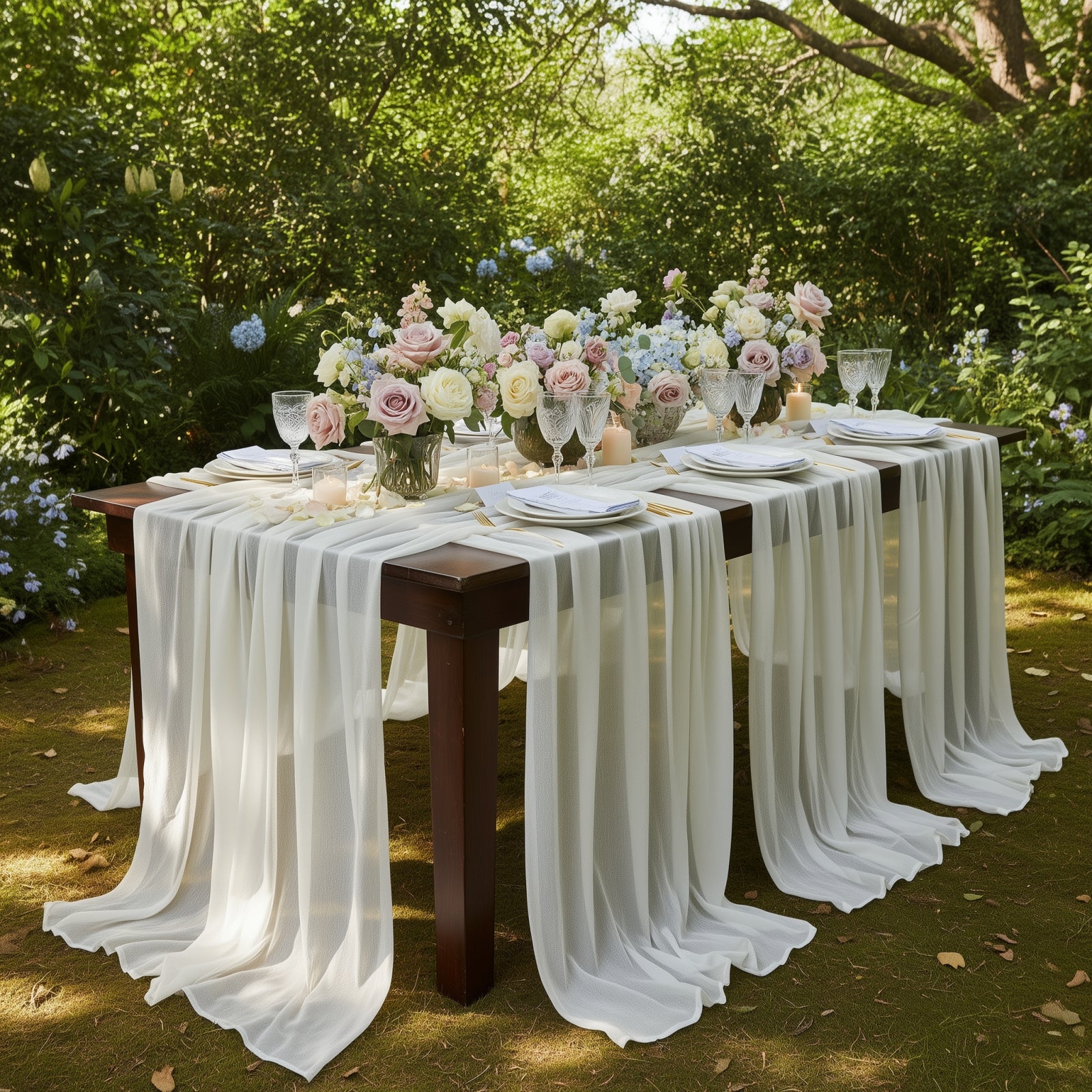 Ivory sheer table runners on a beautifully set outdoor dining table.