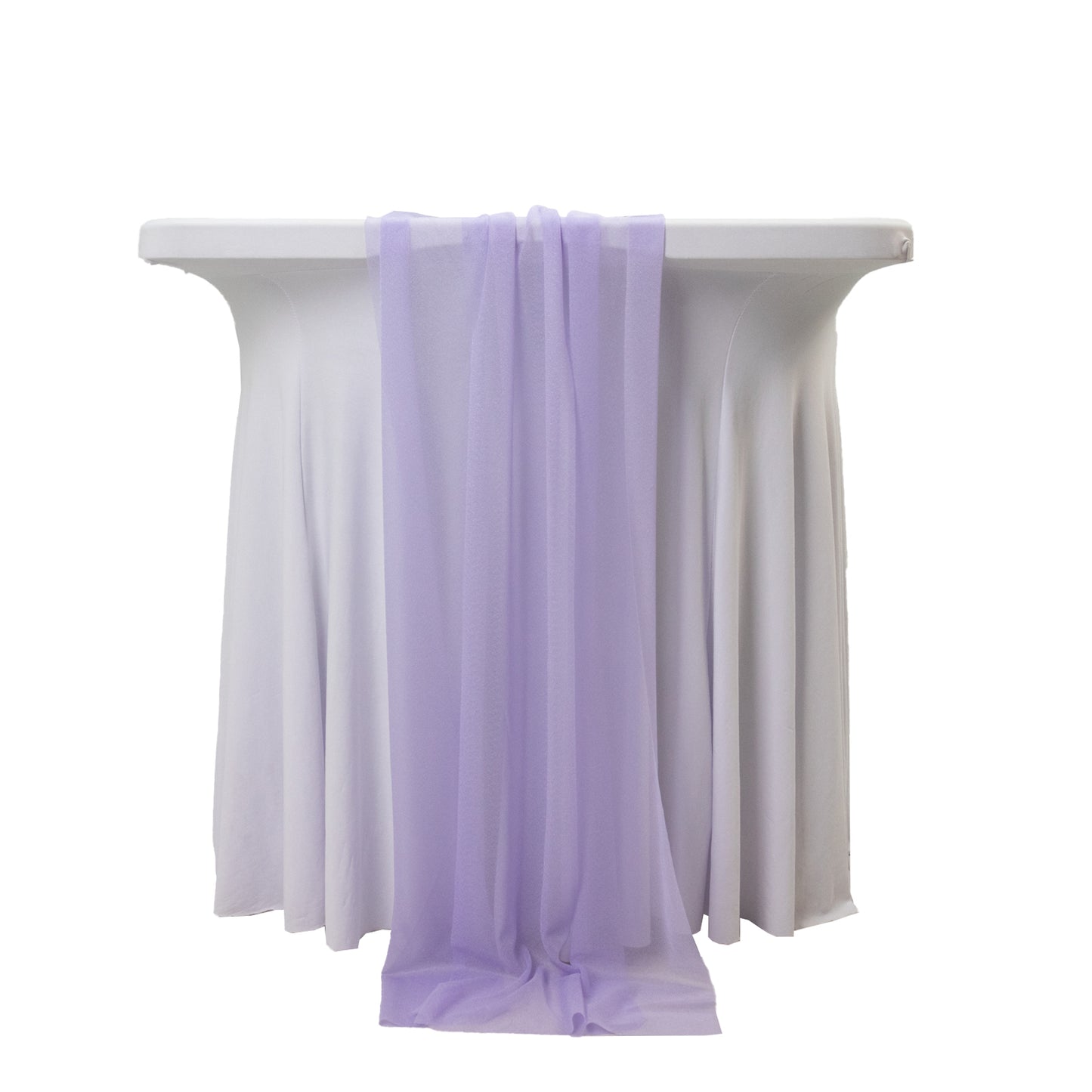 Lavender sheer table runner draped elegantly over a white table.