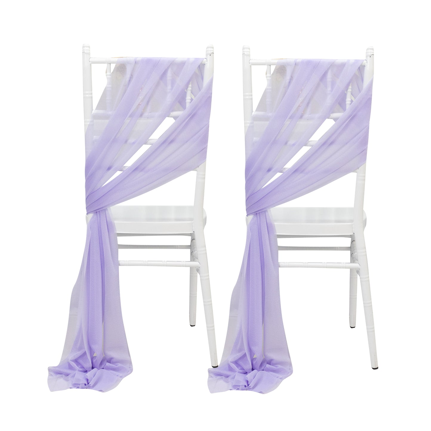 Lavender lilac sheer chair drapes elegantly styled on white chairs.