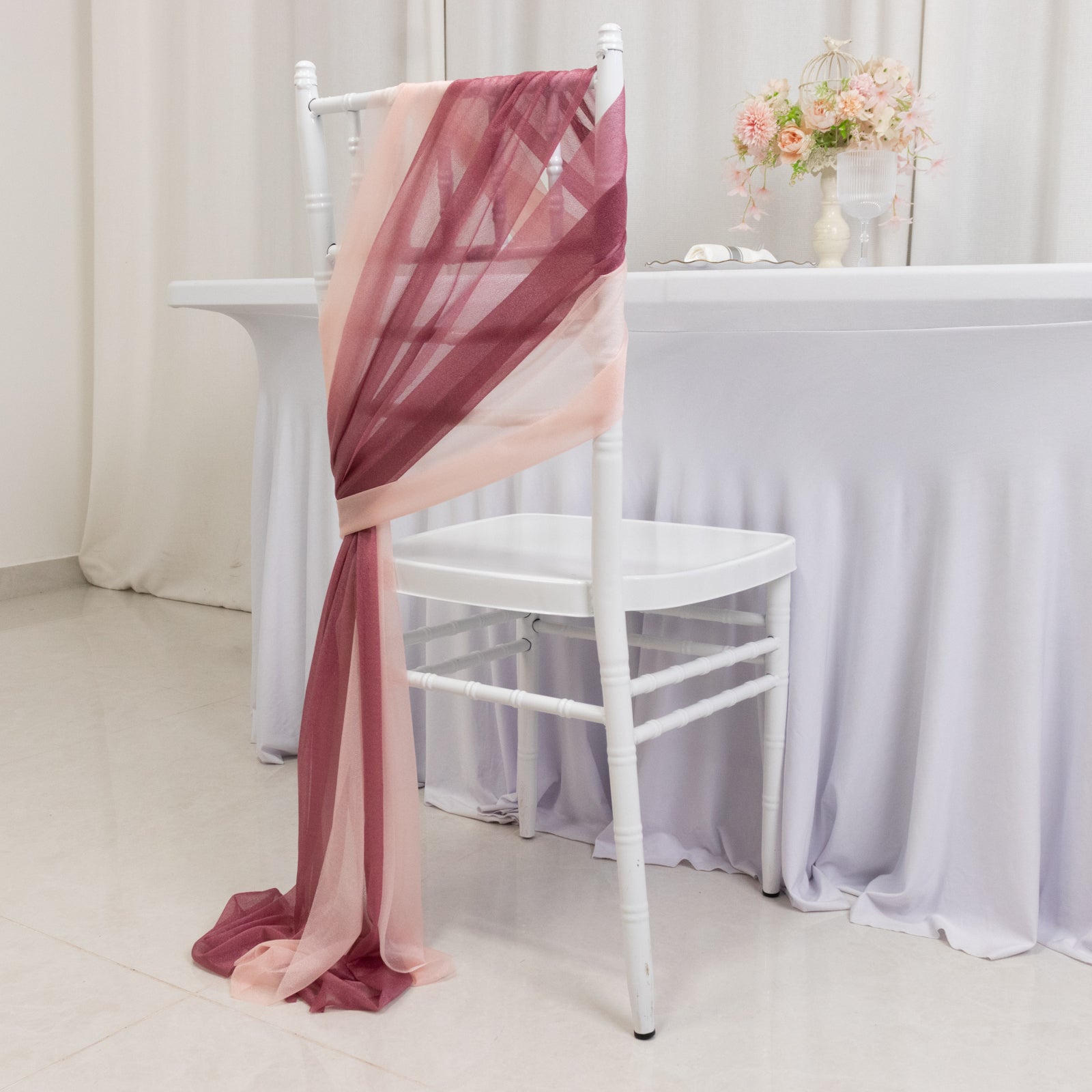 Mauve and blush sheer chair drape decor, 9ft shimmer sash, wrinkle-free.