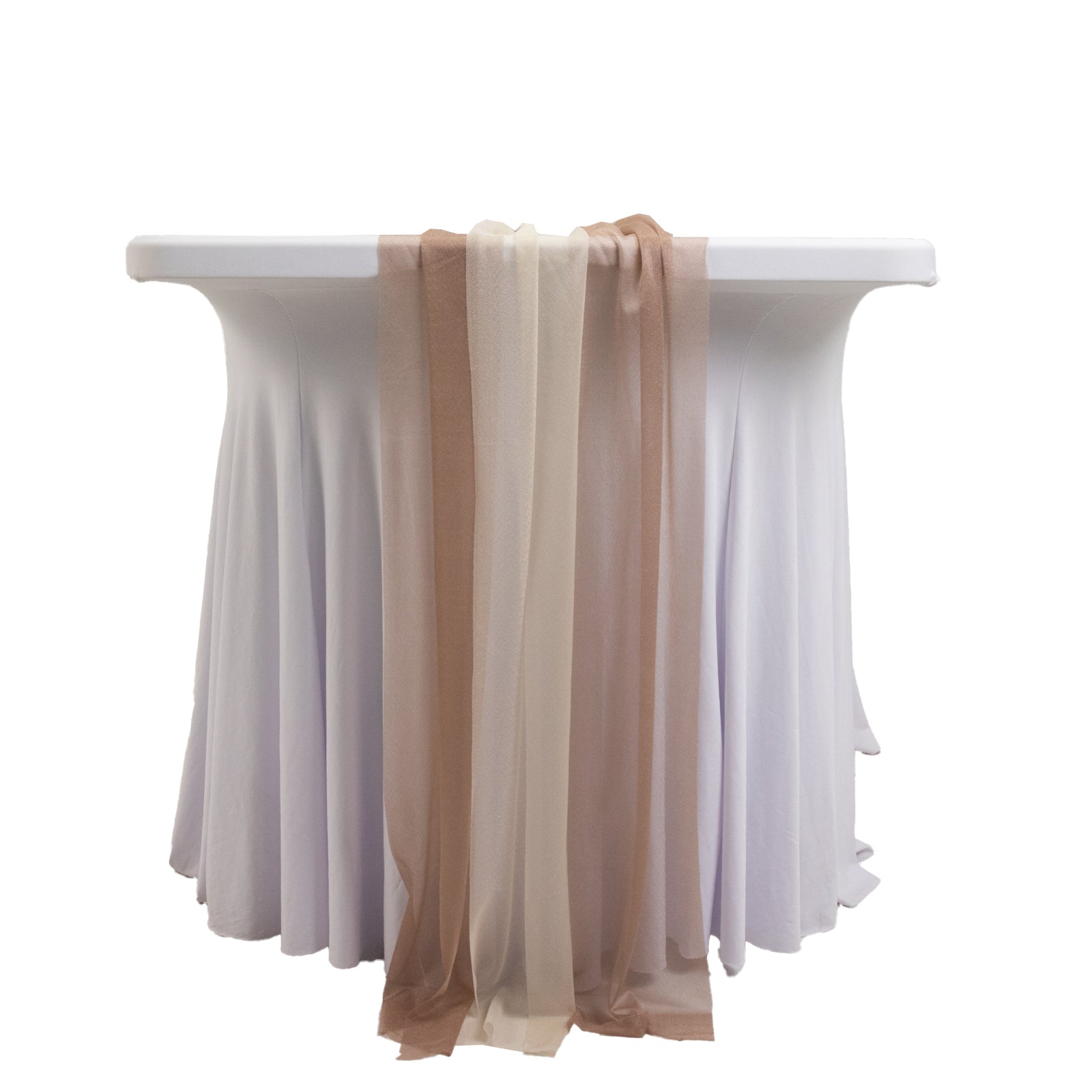 Taupe and beige sheer table runners draped elegantly on a white table.