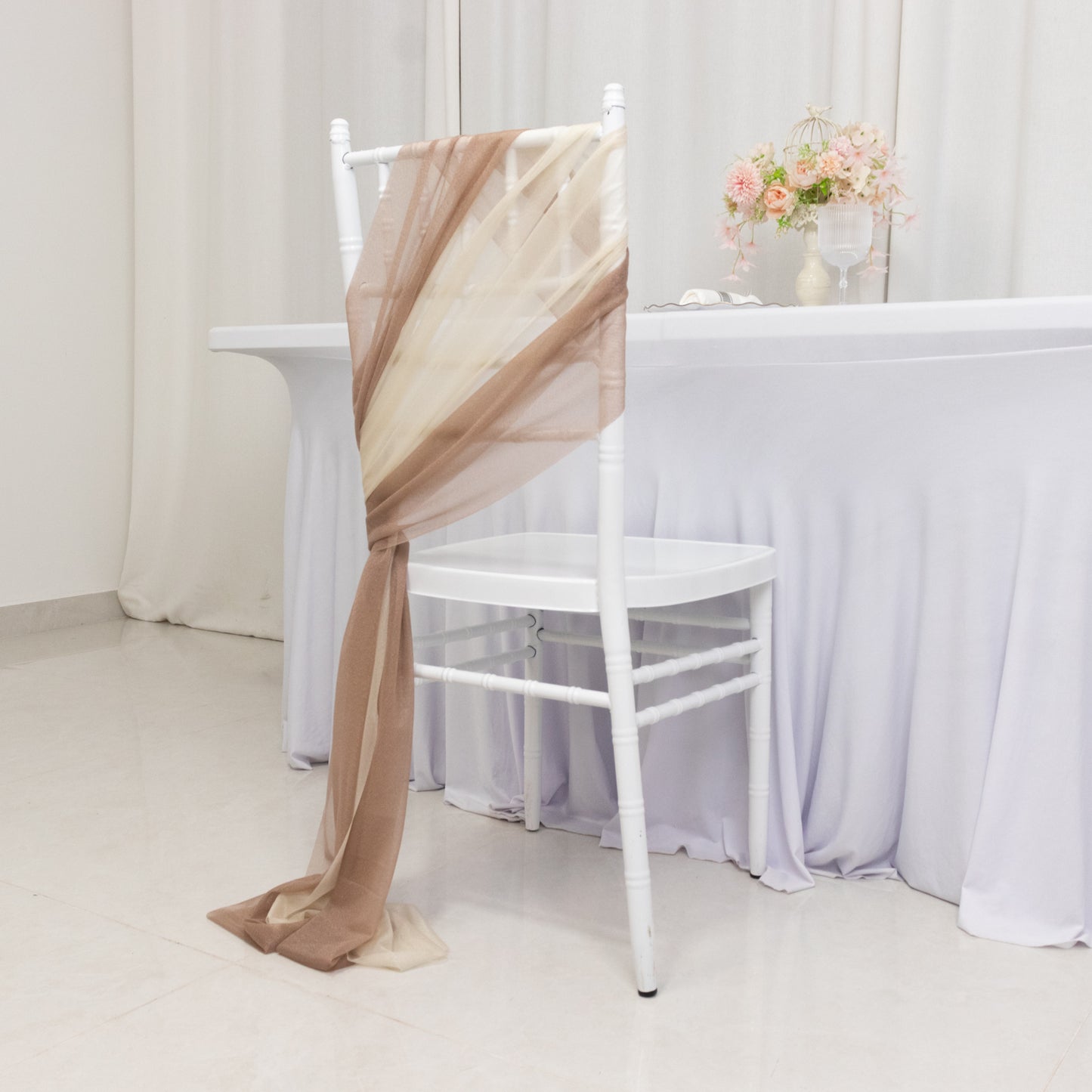 20-Pack Sheer Chair Drape Decor in Taupe and Beige – 9ft Shimmer Sash, Wrinkle-Free