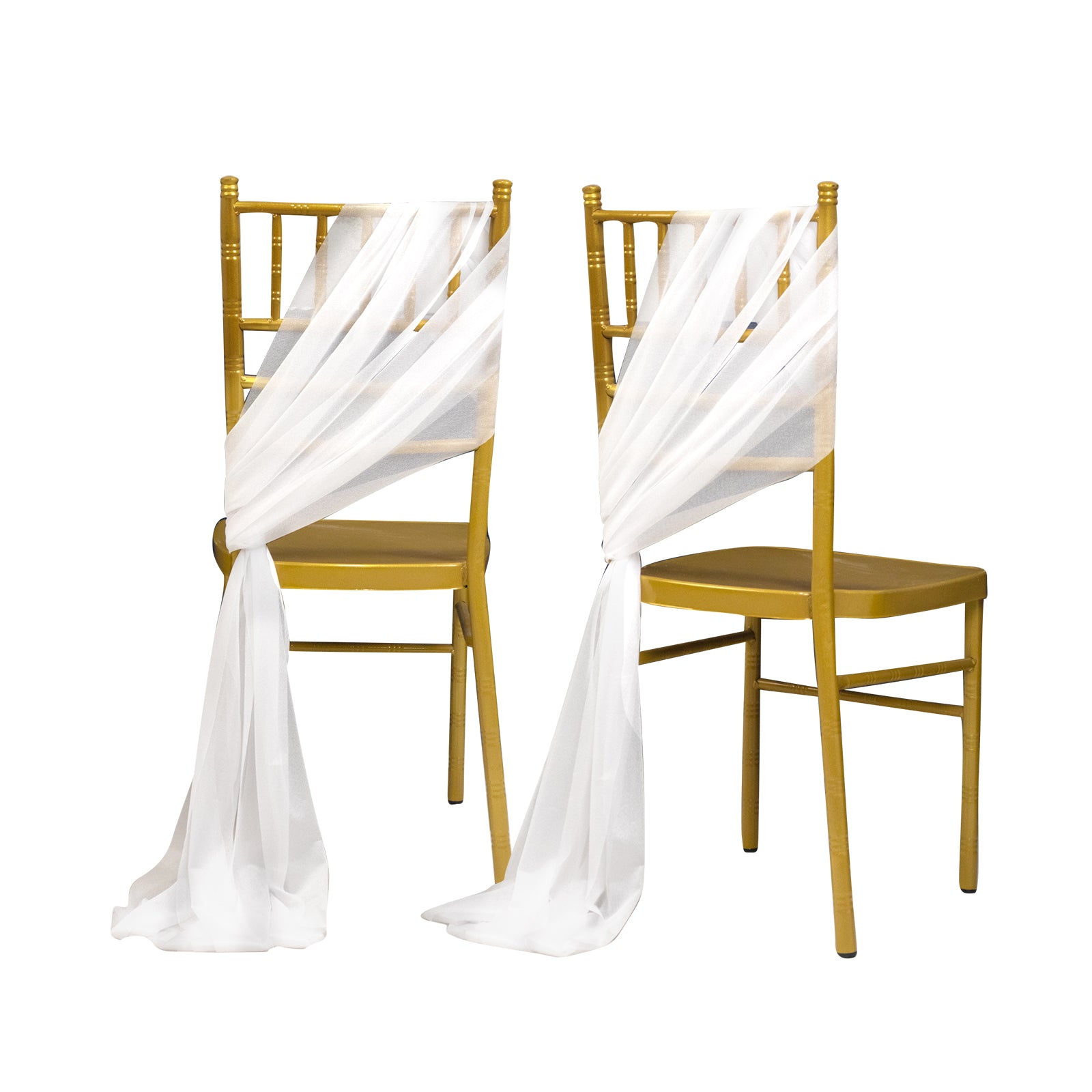 White sheer chair drapes on gold chairs, creating an elegant decor.