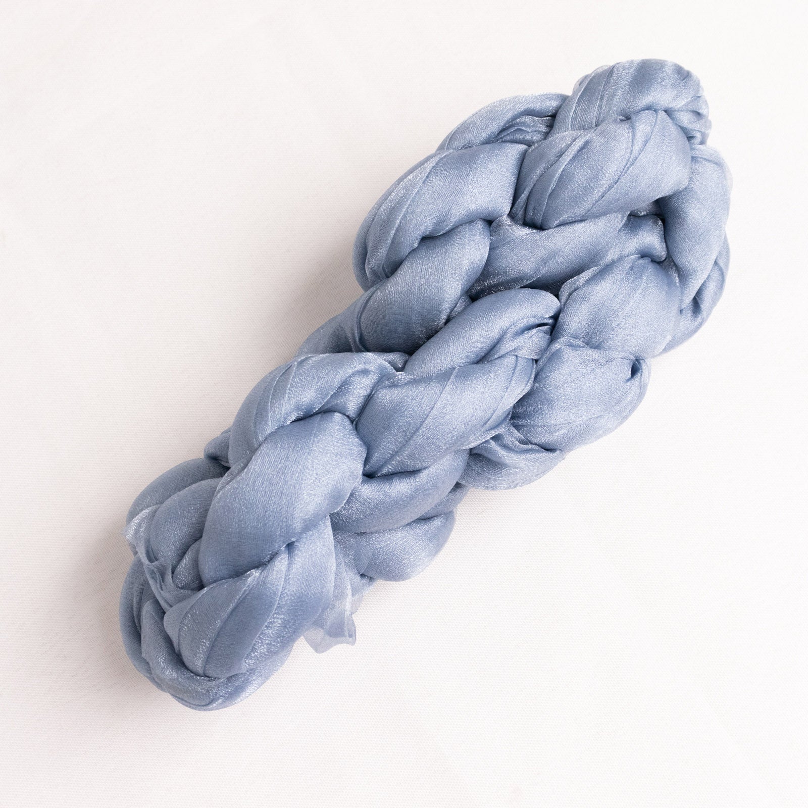 Dusty blue sheer crinkled organza chair sashes, premium shimmer chiffon.