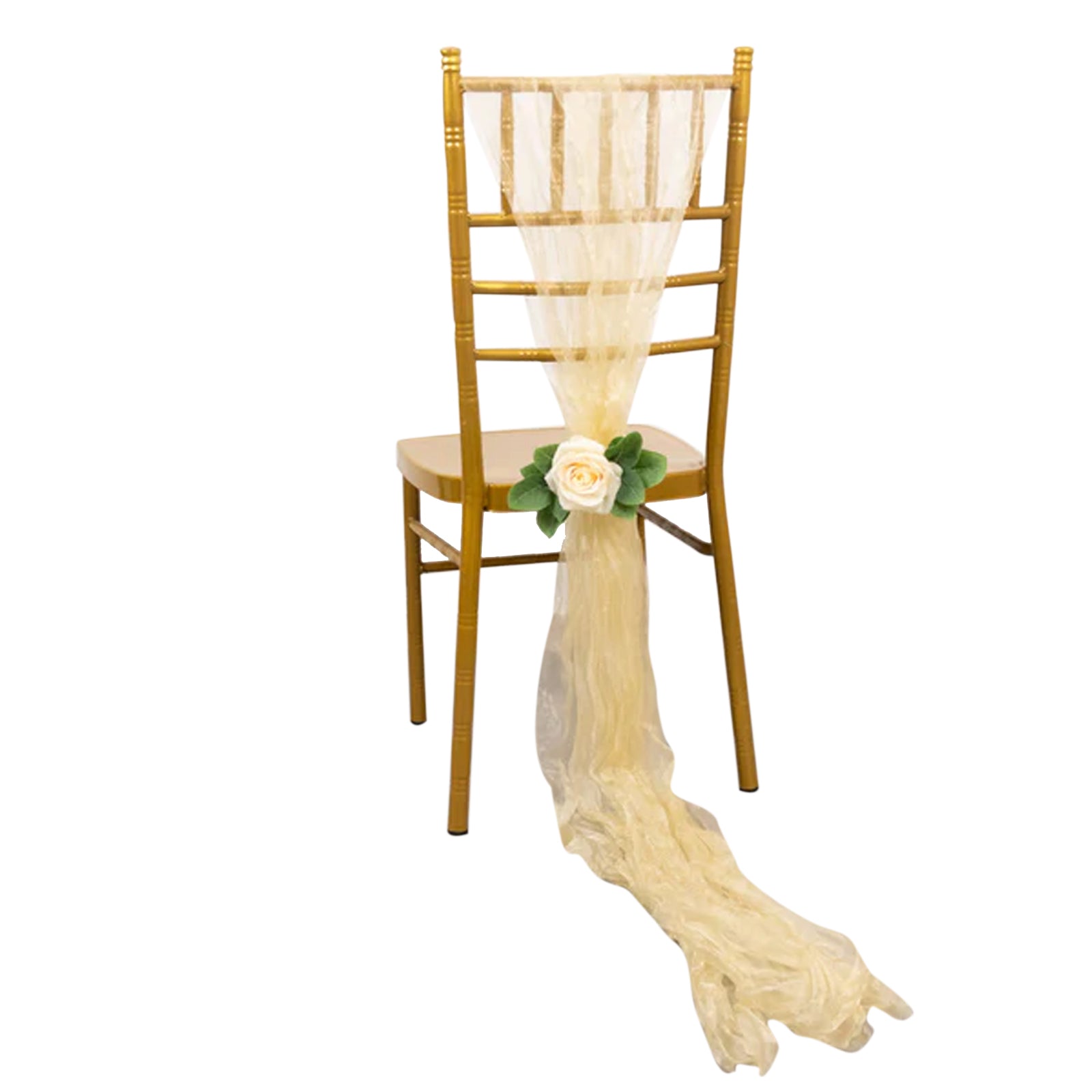 Champagne sheer crinkled organza chair sash on a gold chiavari chair. #whtbkgd