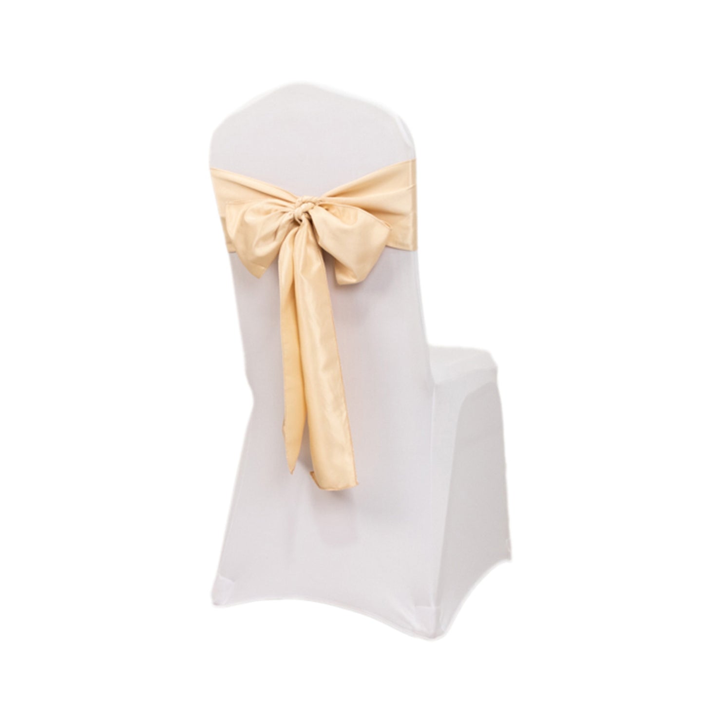 Beige satin chair sash bow on a white chair.