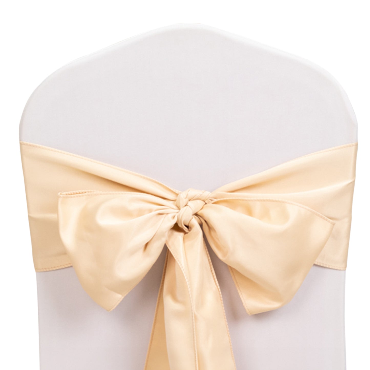 Beige satin chair sash bow on a white chair cover.