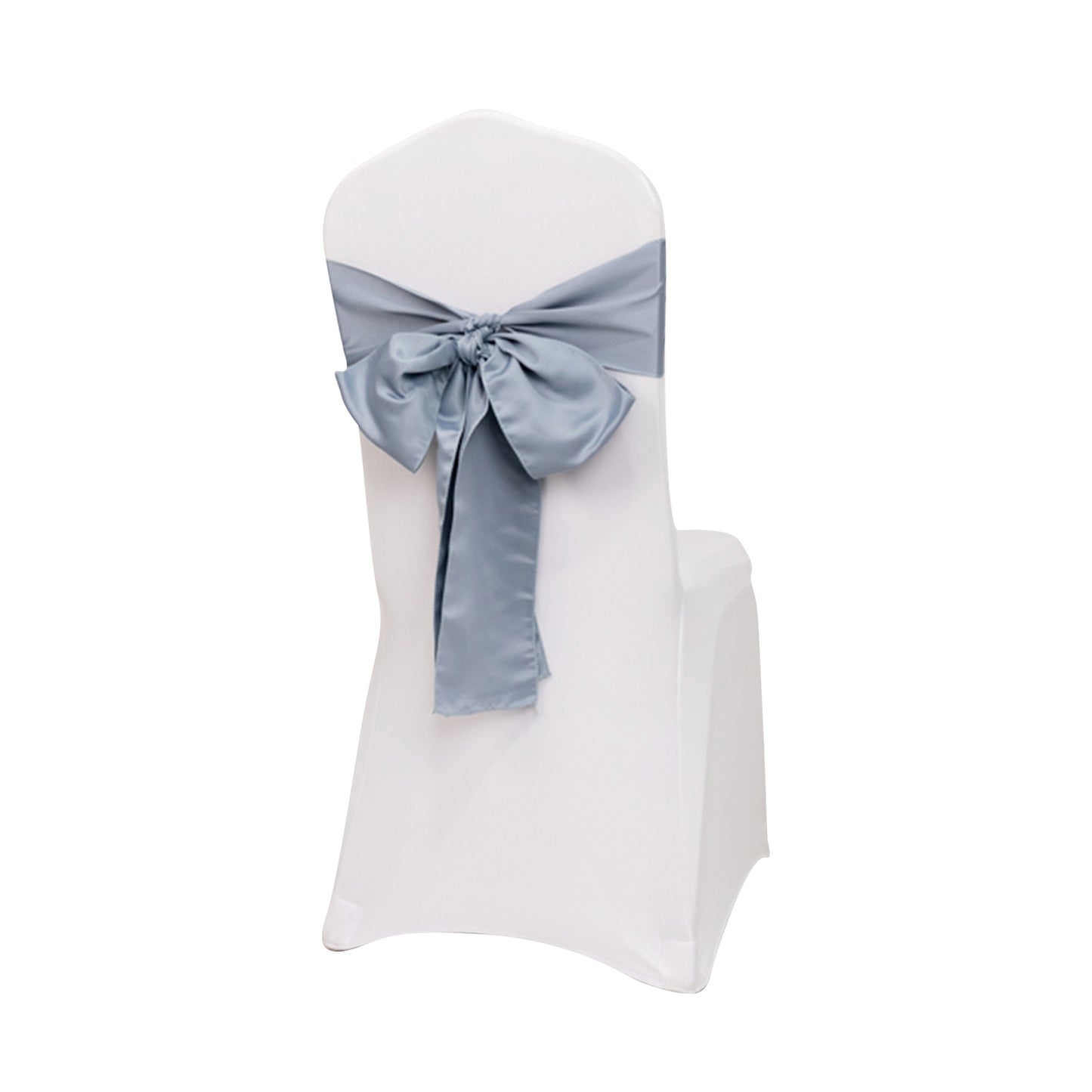 Dusty blue satin chair sash bow on a white chair.