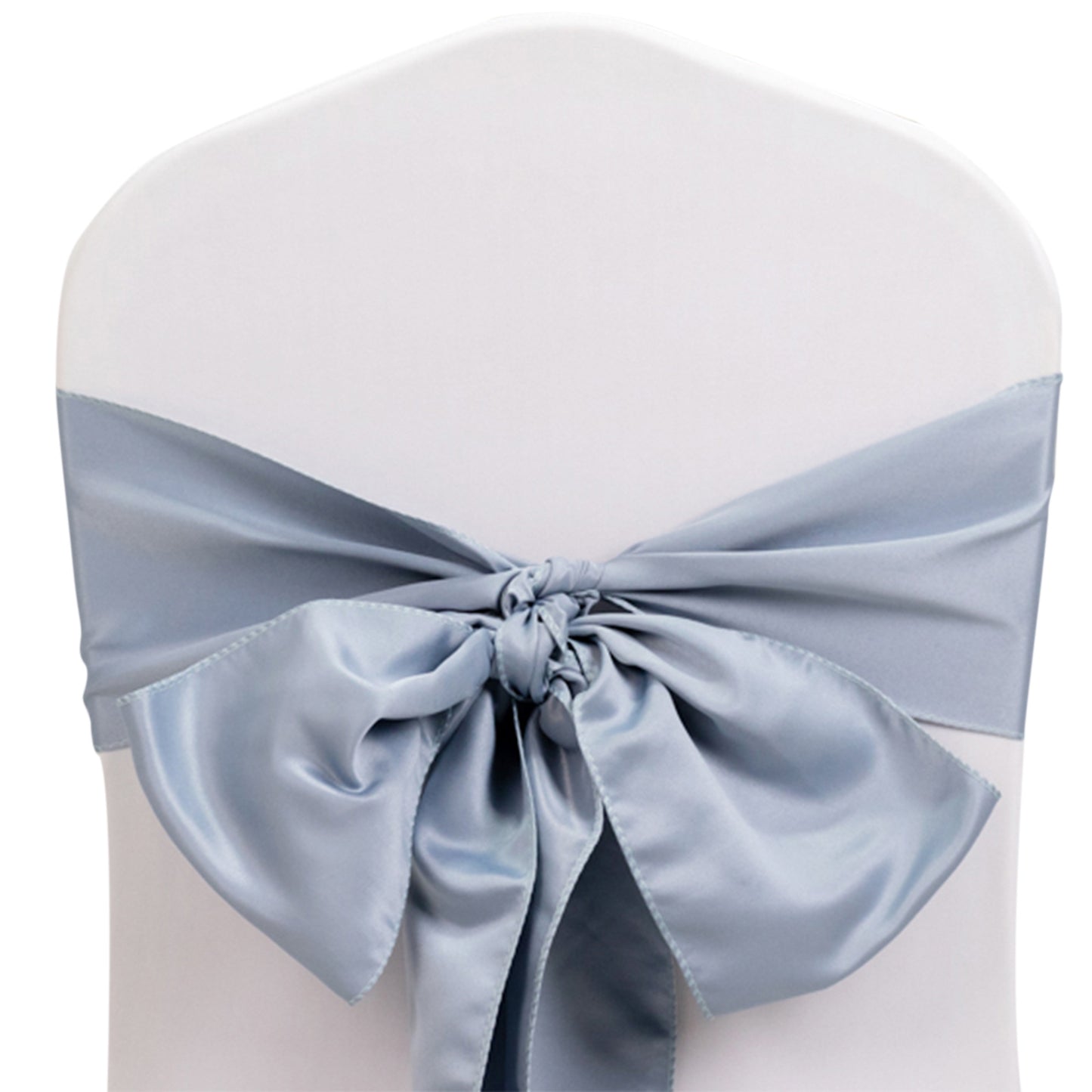 Dusty blue satin chair sash tied in a bow on a white chair.
