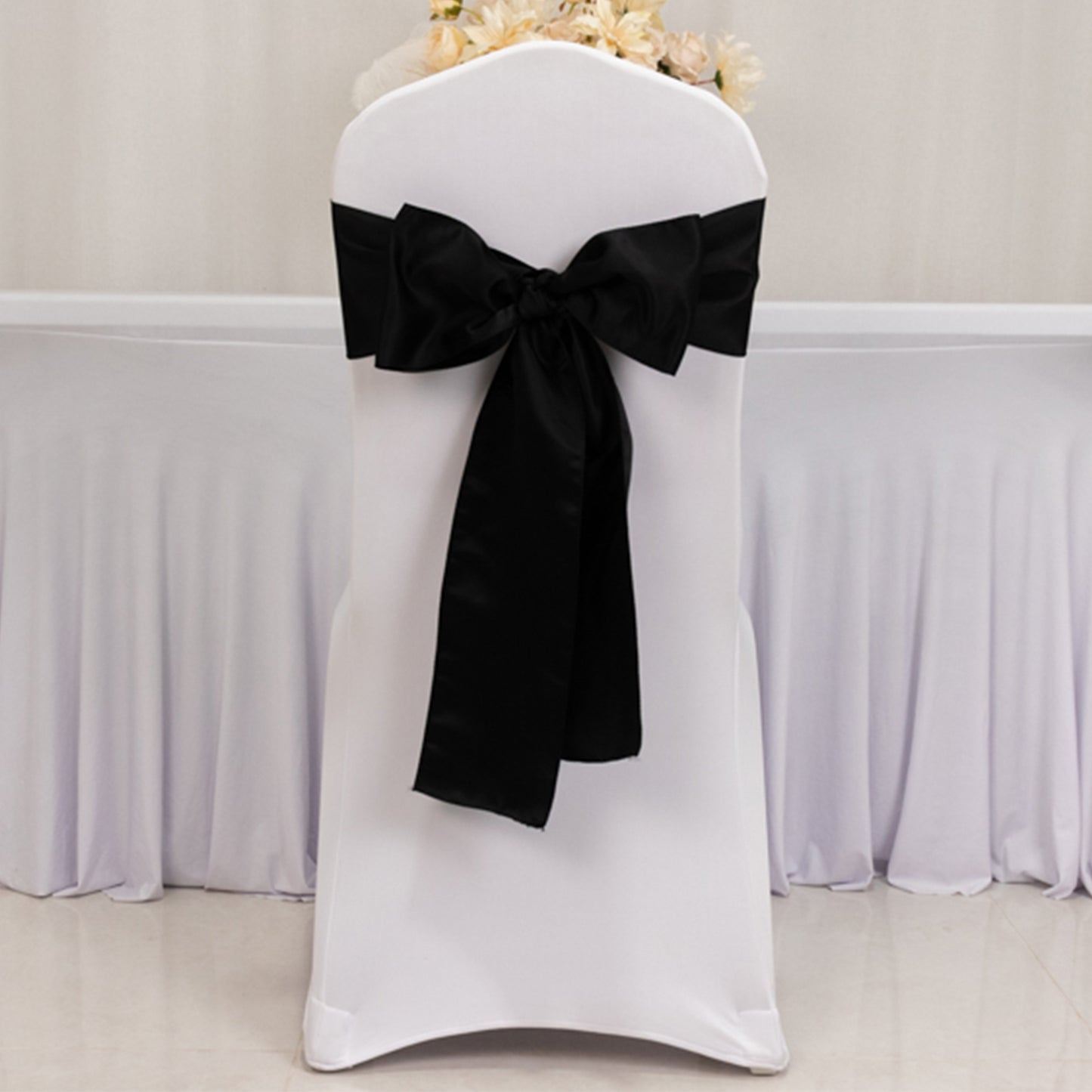 5 Pack Black Lamour Satin Chair Sashes, Chair Bows - 6"x106"