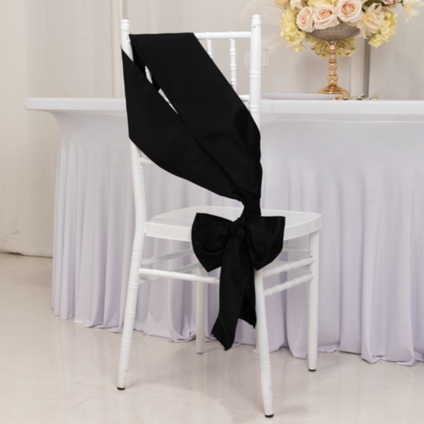 5 Pack Black Lamour Satin Chair Sashes, Chair Bows - 6"x106"