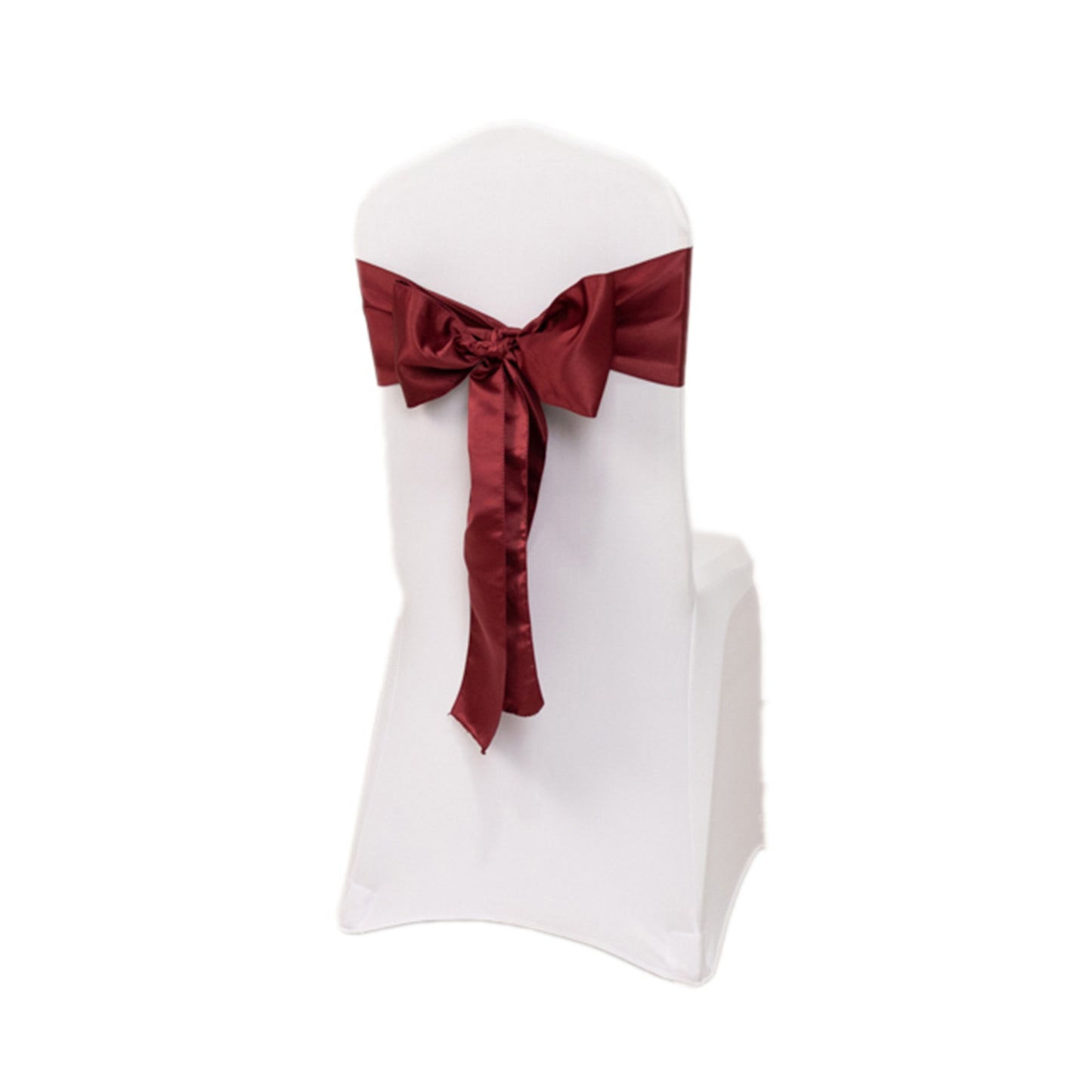 Burgundy satin chair sash bow on a white chair.