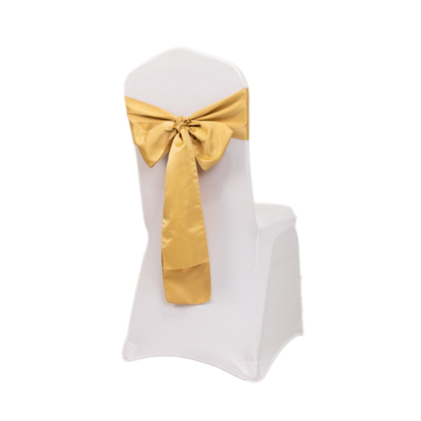 Champagne satin chair sash bow on a white chair.