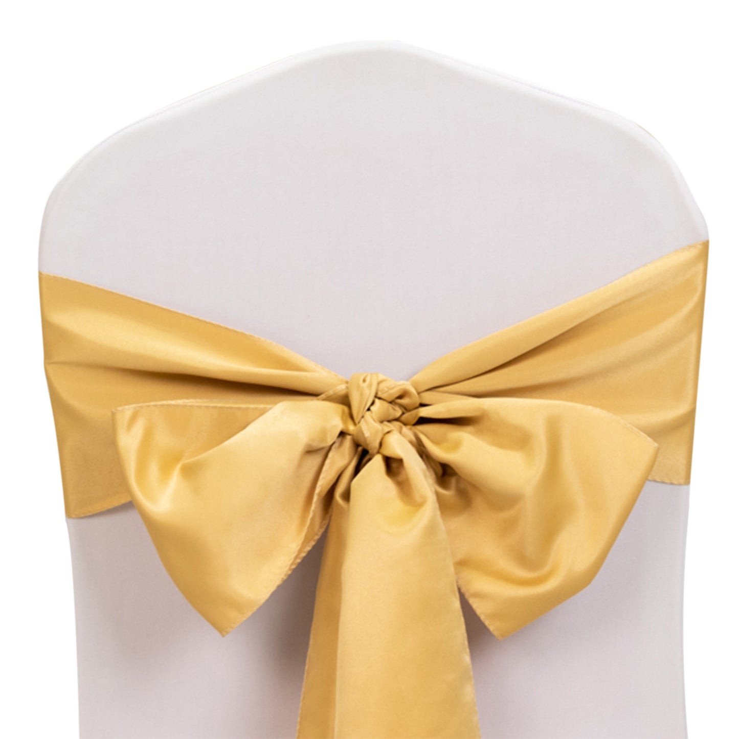 Champagne satin chair sash bow on a white chair.