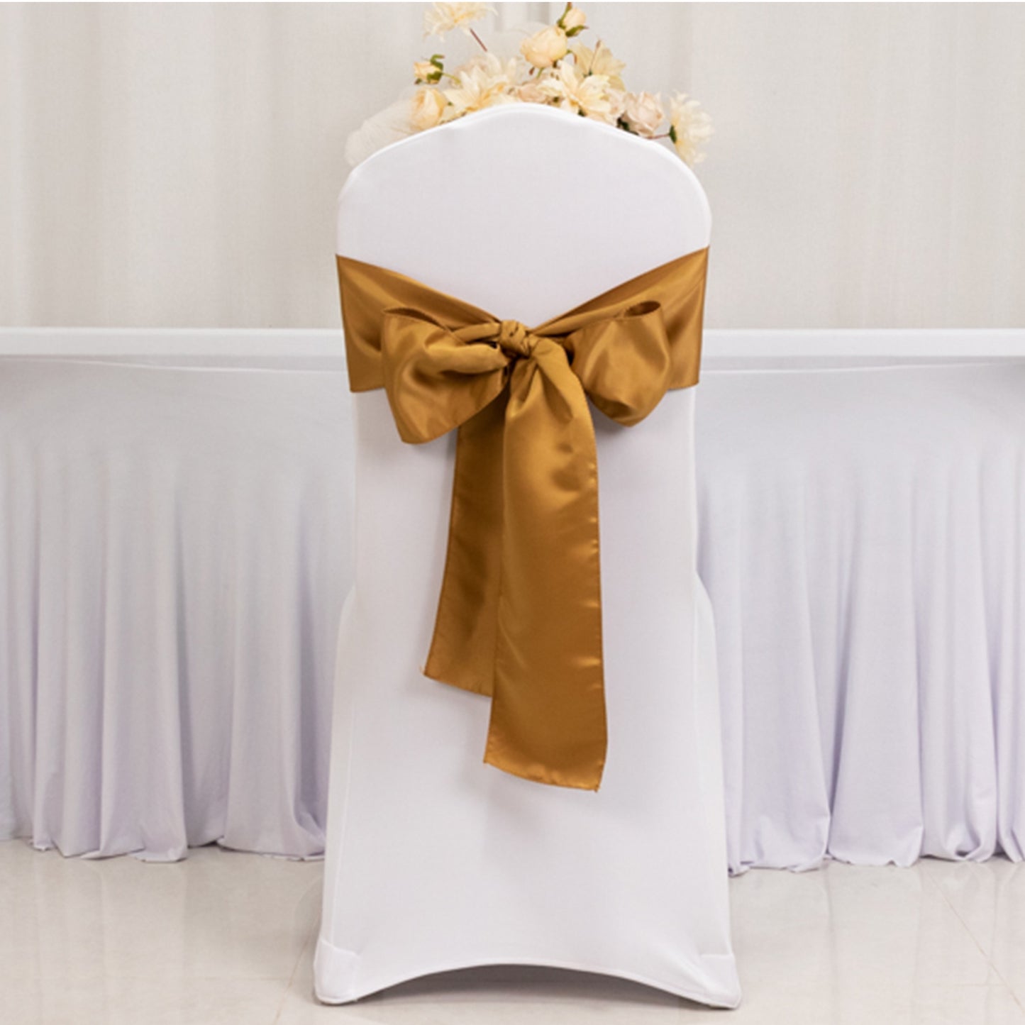 5 Pack Gold Lamour Satin Chair Sashes, Chair Bows - 6"x106"
