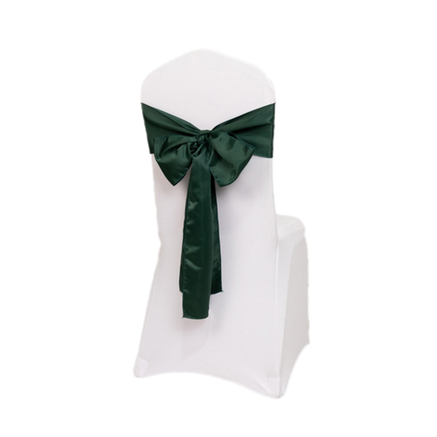 Emerald green satin chair sash bow on a white chair.