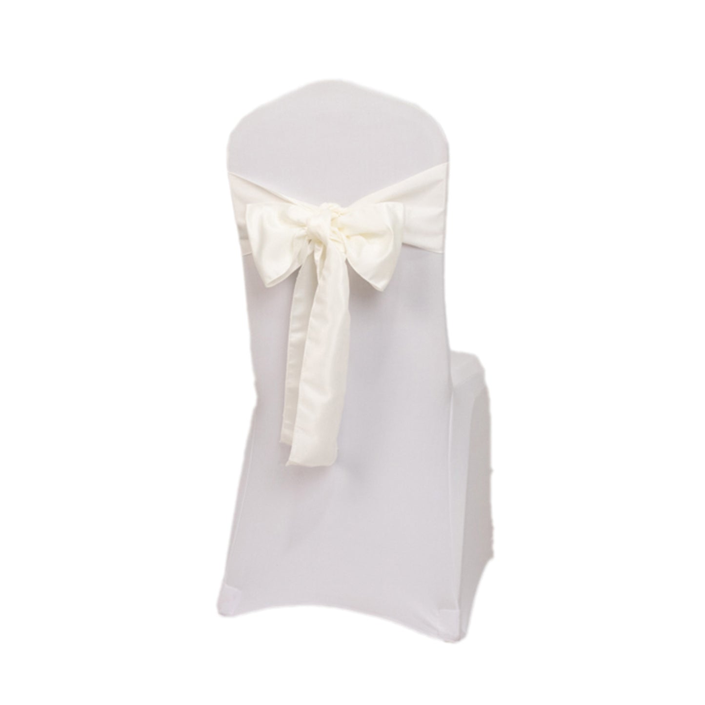 Ivory satin chair sash with bow on a white chair