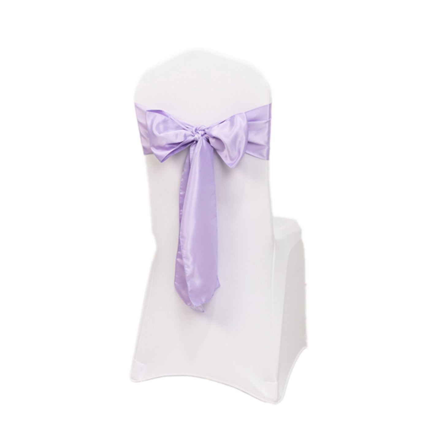 Lavender satin chair sash with bow on a white chair.
