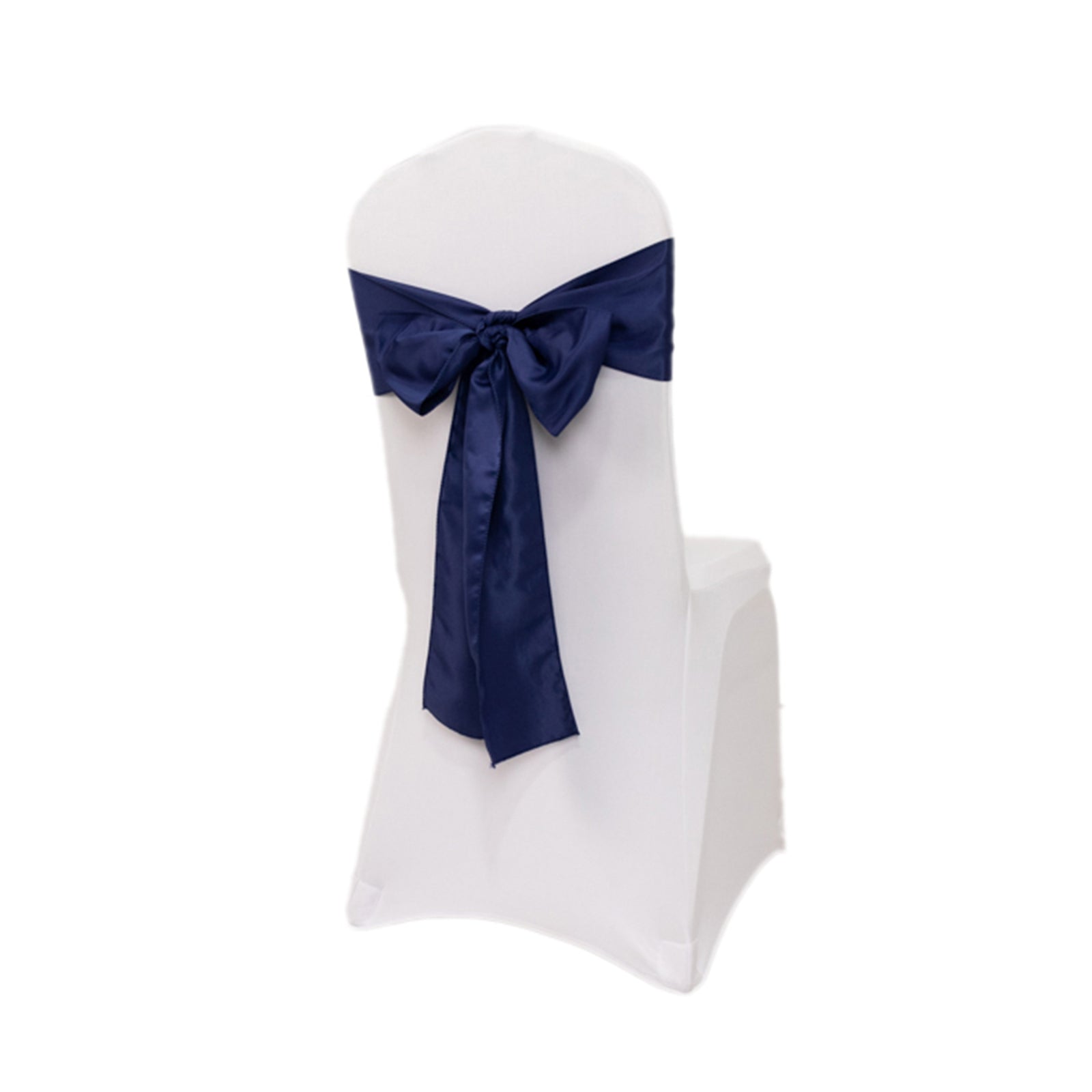 Navy blue satin chair sash bow on a white chair.