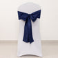 Navy blue satin chair sash with bow on a white chair