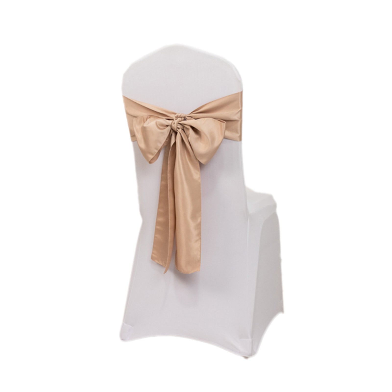 Nude satin chair sashes with bows for elegant decor.