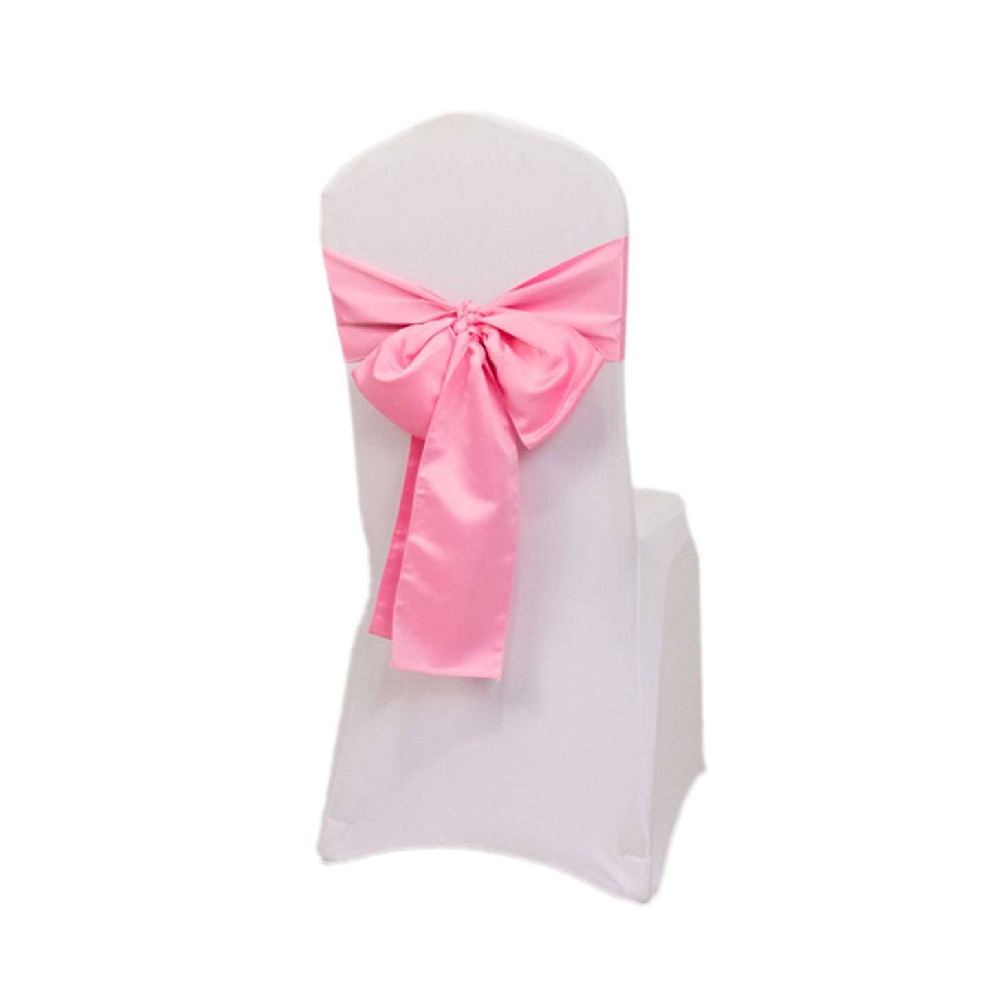 Pink satin chair sash bow for elegant event decor.