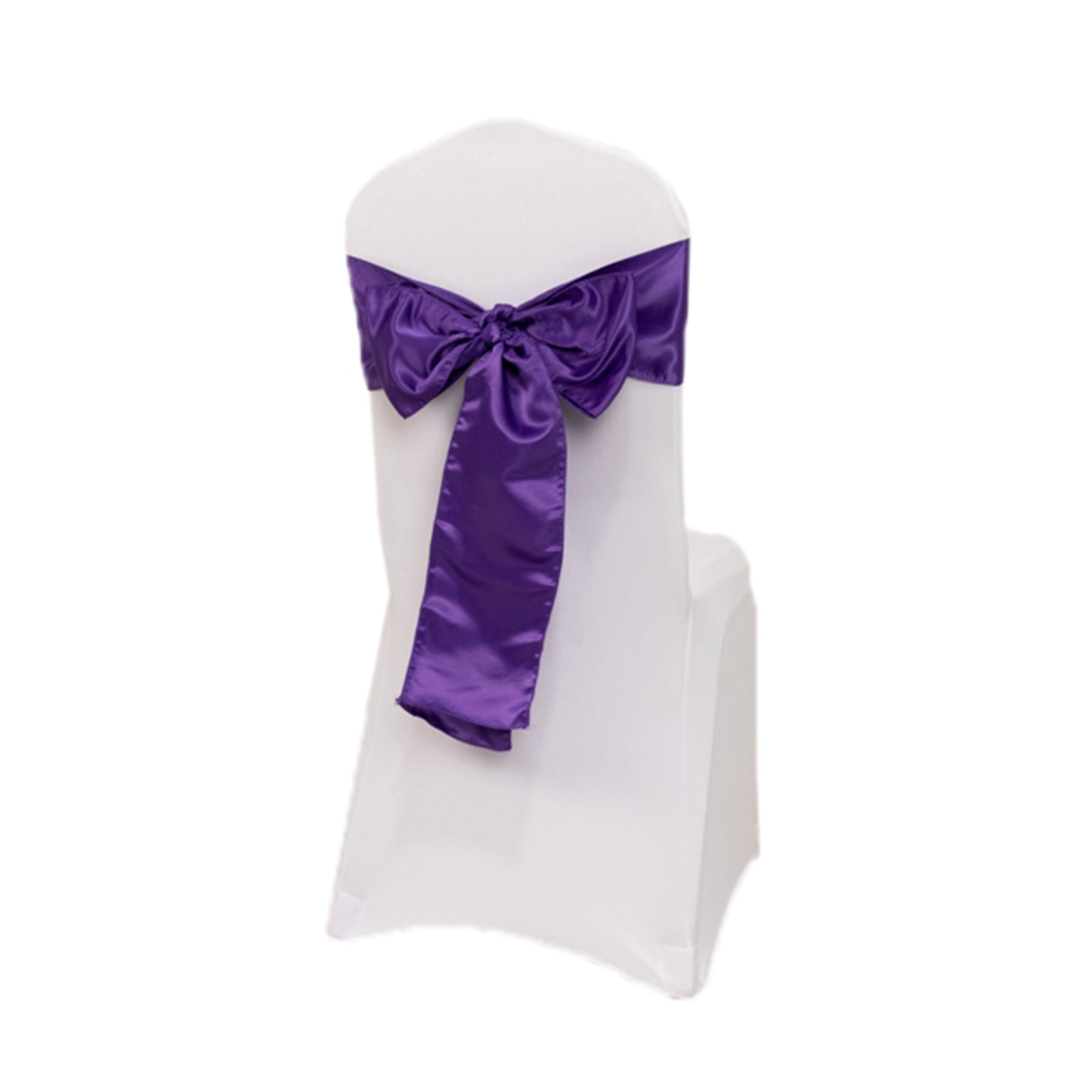 Purple satin chair sash bow on a white chair.
