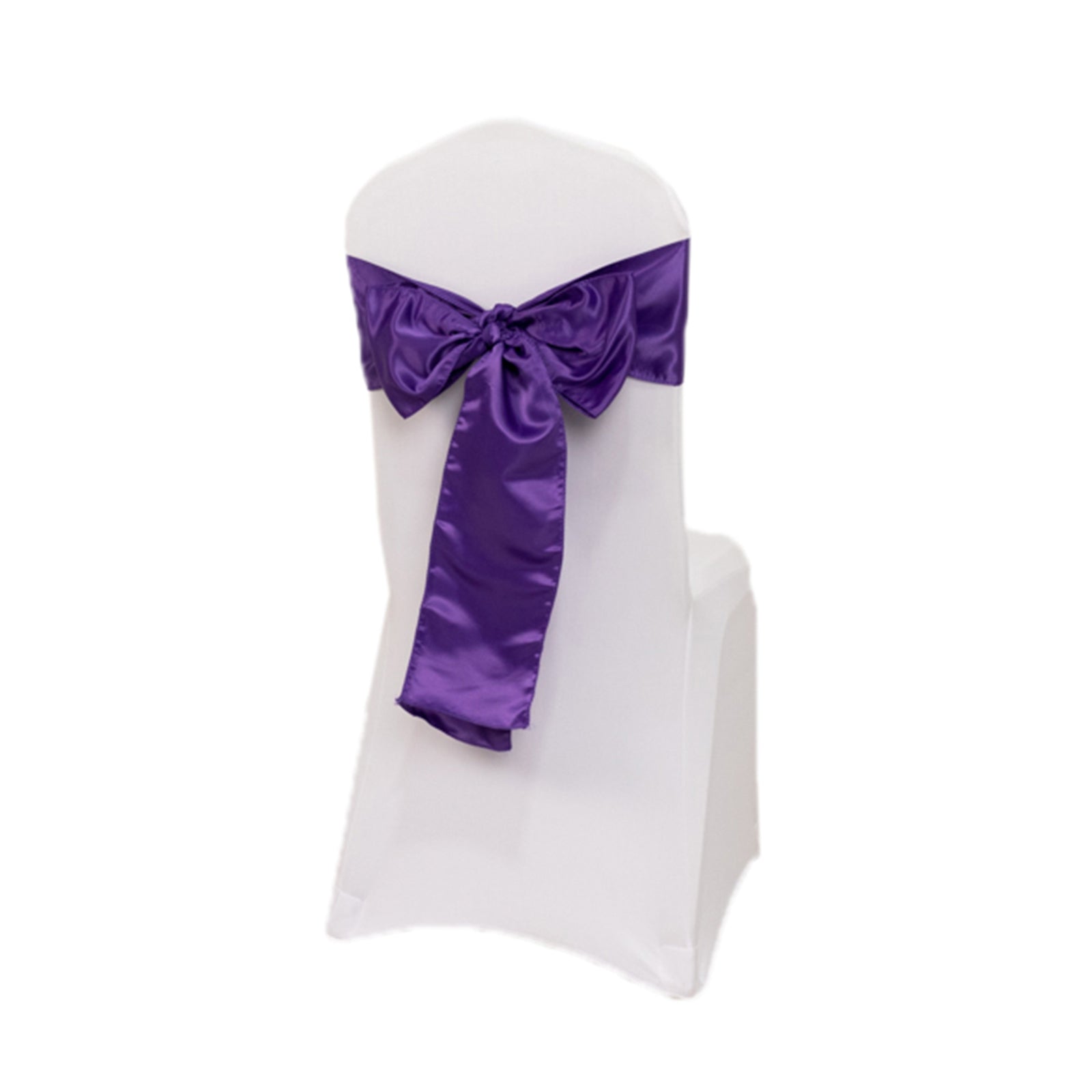 Purple satin chair sash bow on a white chair.