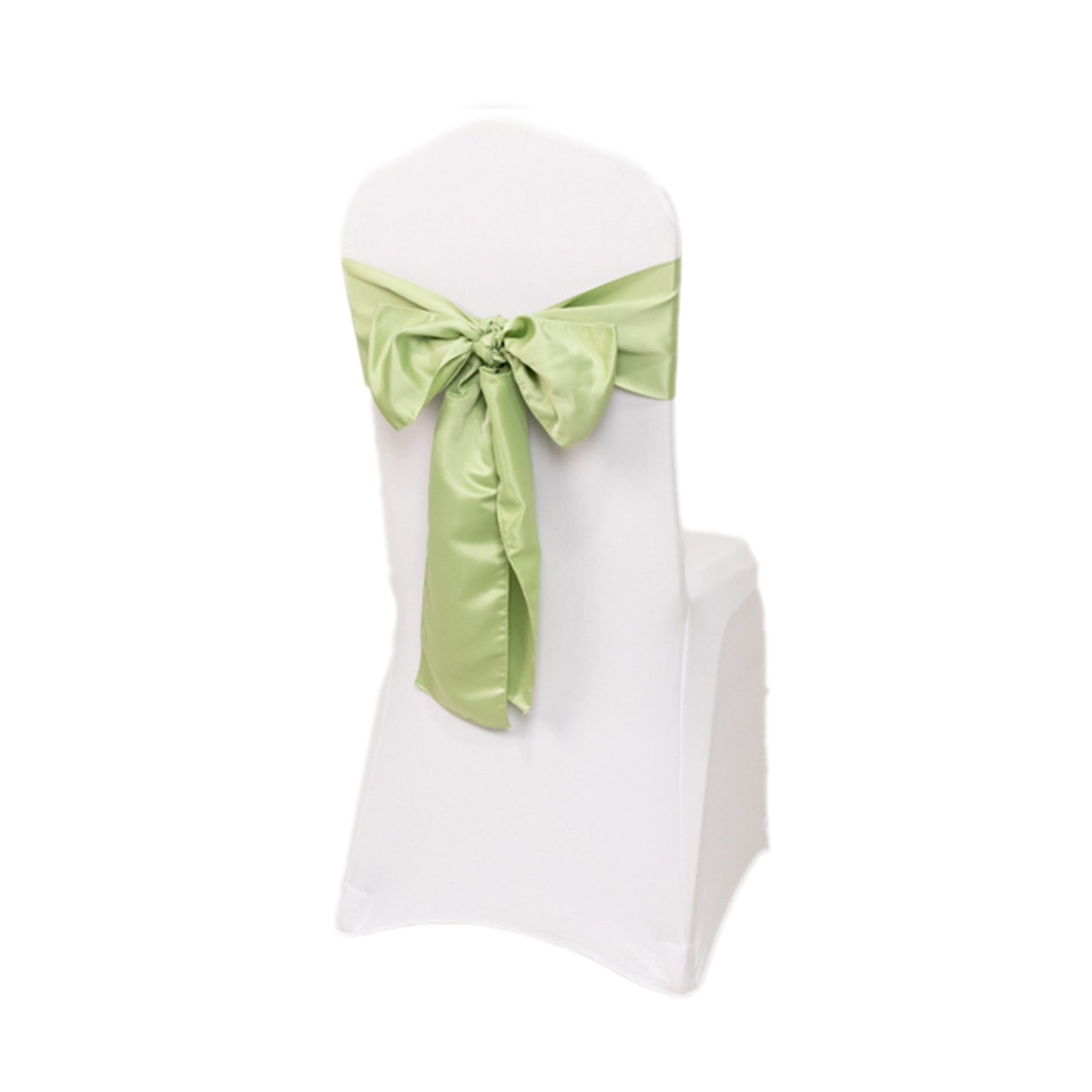 Sage green satin chair sash bow on a white chair.