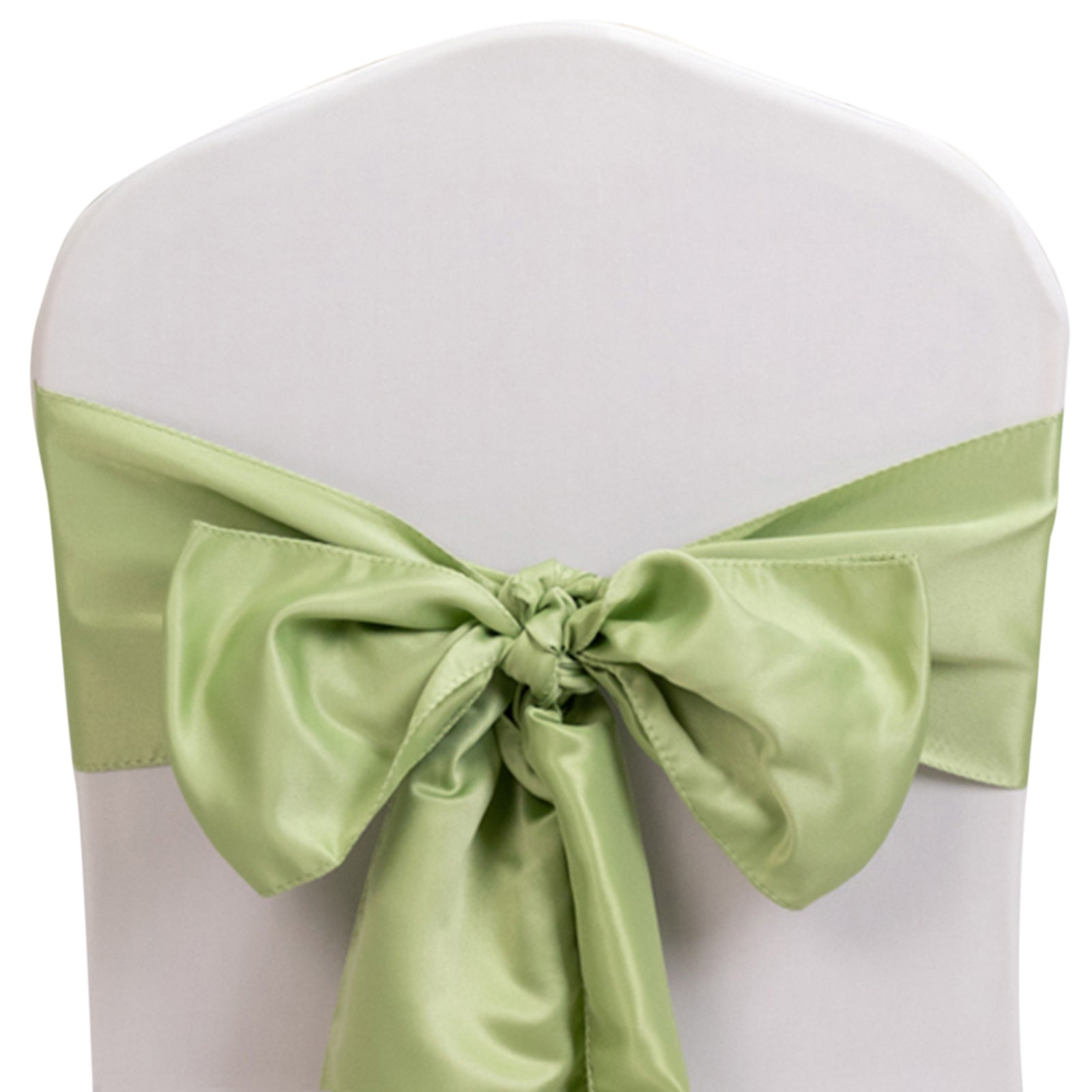 Sage green satin chair sash bow on a white chair.
