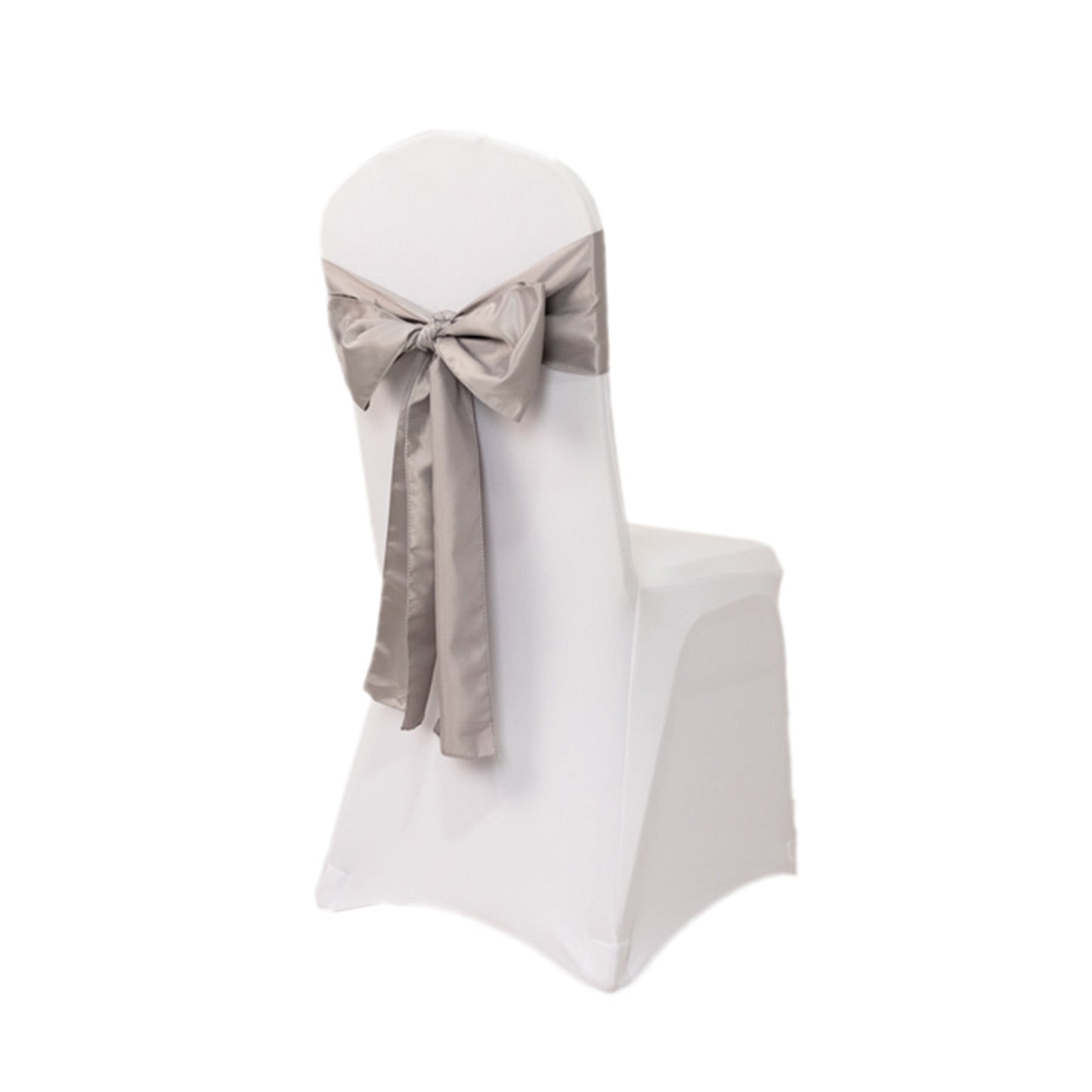 Silver satin chair sash bow on a white chair.