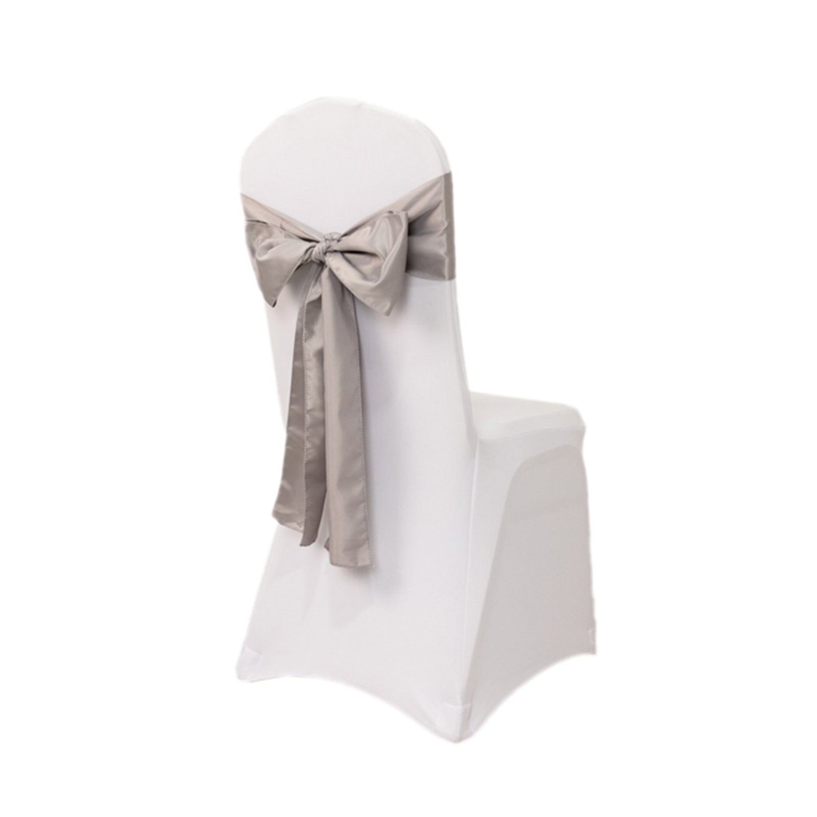 Silver satin chair sash bow on a white chair.