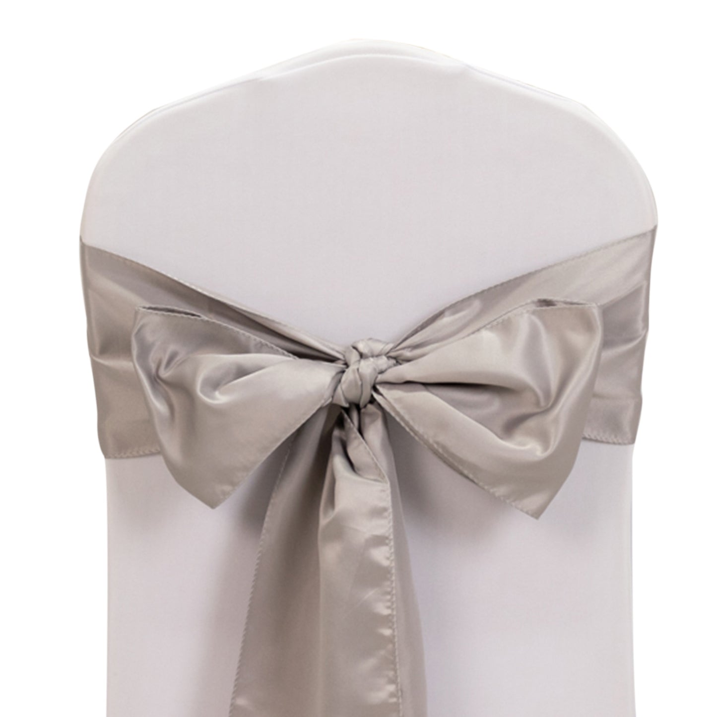 Silver satin chair sash with bow, elegant decor for events.