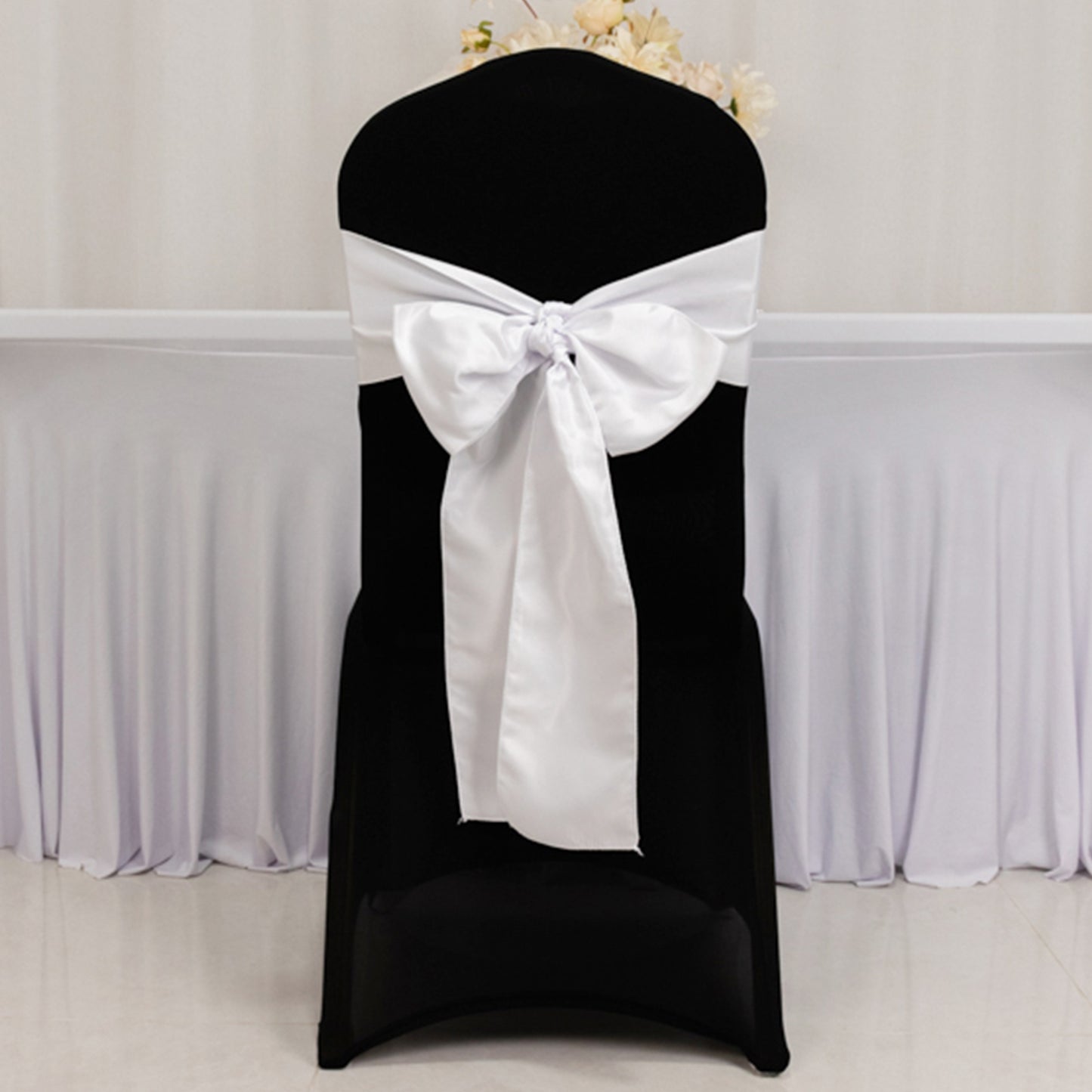 5 Pack White Lamour Satin Chair Sashes, Chair Bows - 6"x106"