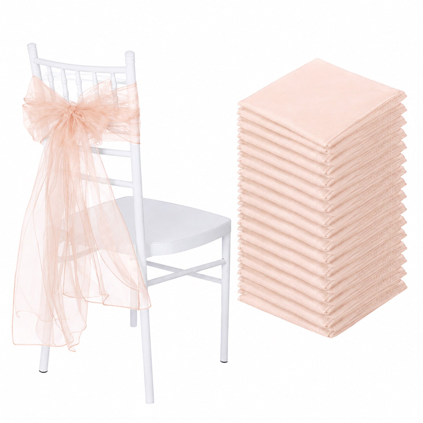 20 Pack Organza Chair Sashes Blush 6"x108" – Reusable Sheer Wedding Chair Bows