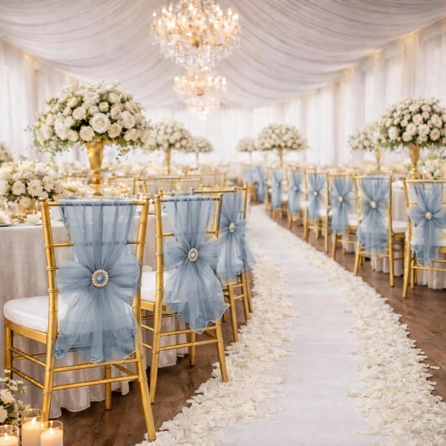 20 Pack Organza Chair Sashes Dusty Blue 6"x108" – Reusable Sheer Wedding Chair Bows