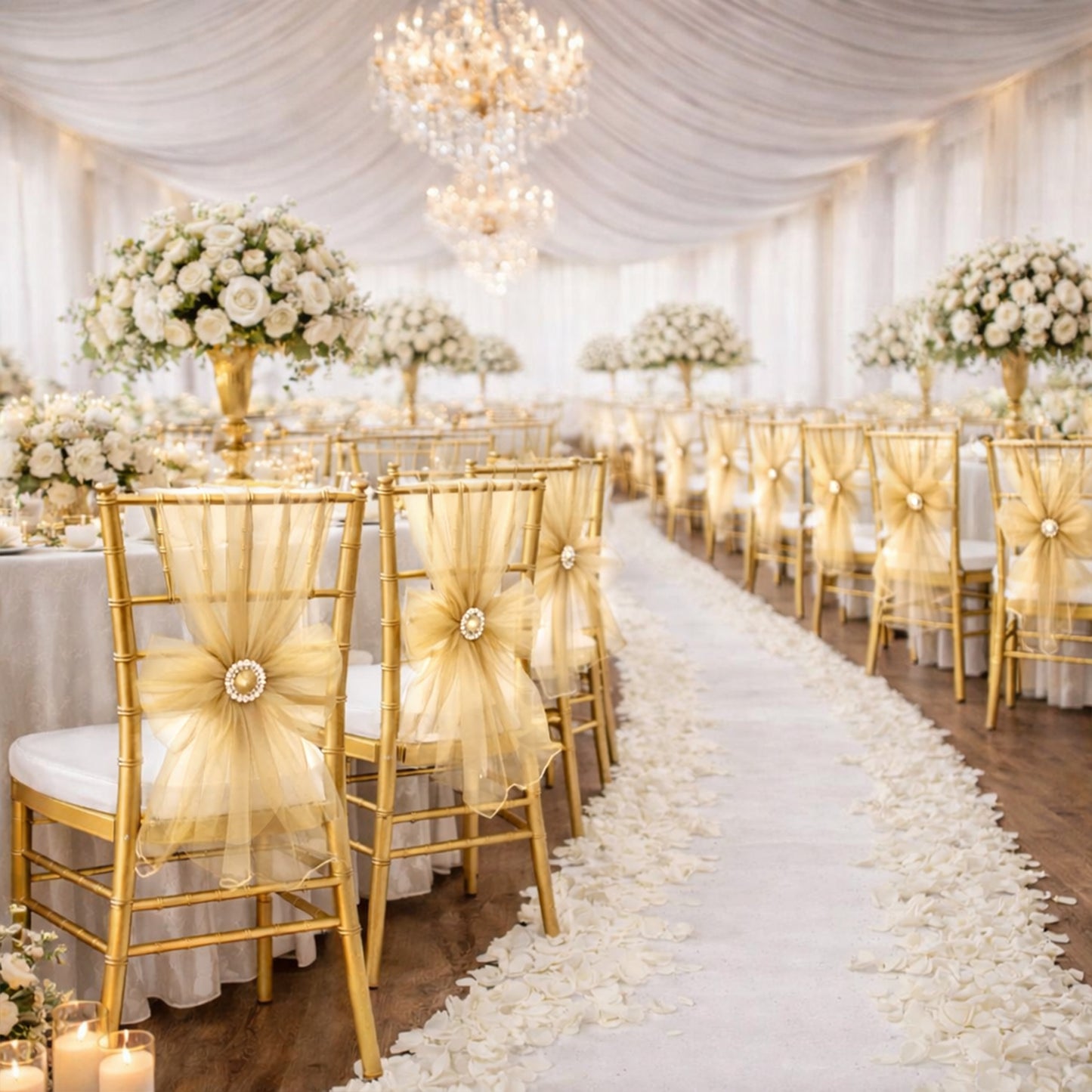 Champagne organza chair sashes for elegant wedding decor.