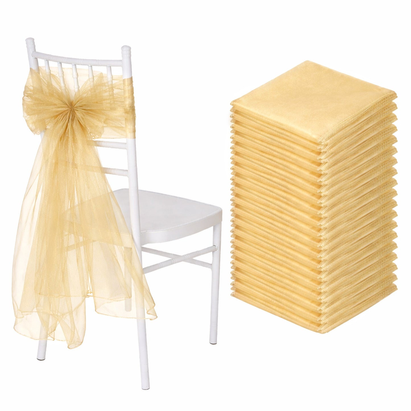 Champagne organza chair sashes for weddings, 20 pack, 6"x108".