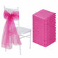 Fuchsia organza chair sashes on a white chair, ideal for weddings.