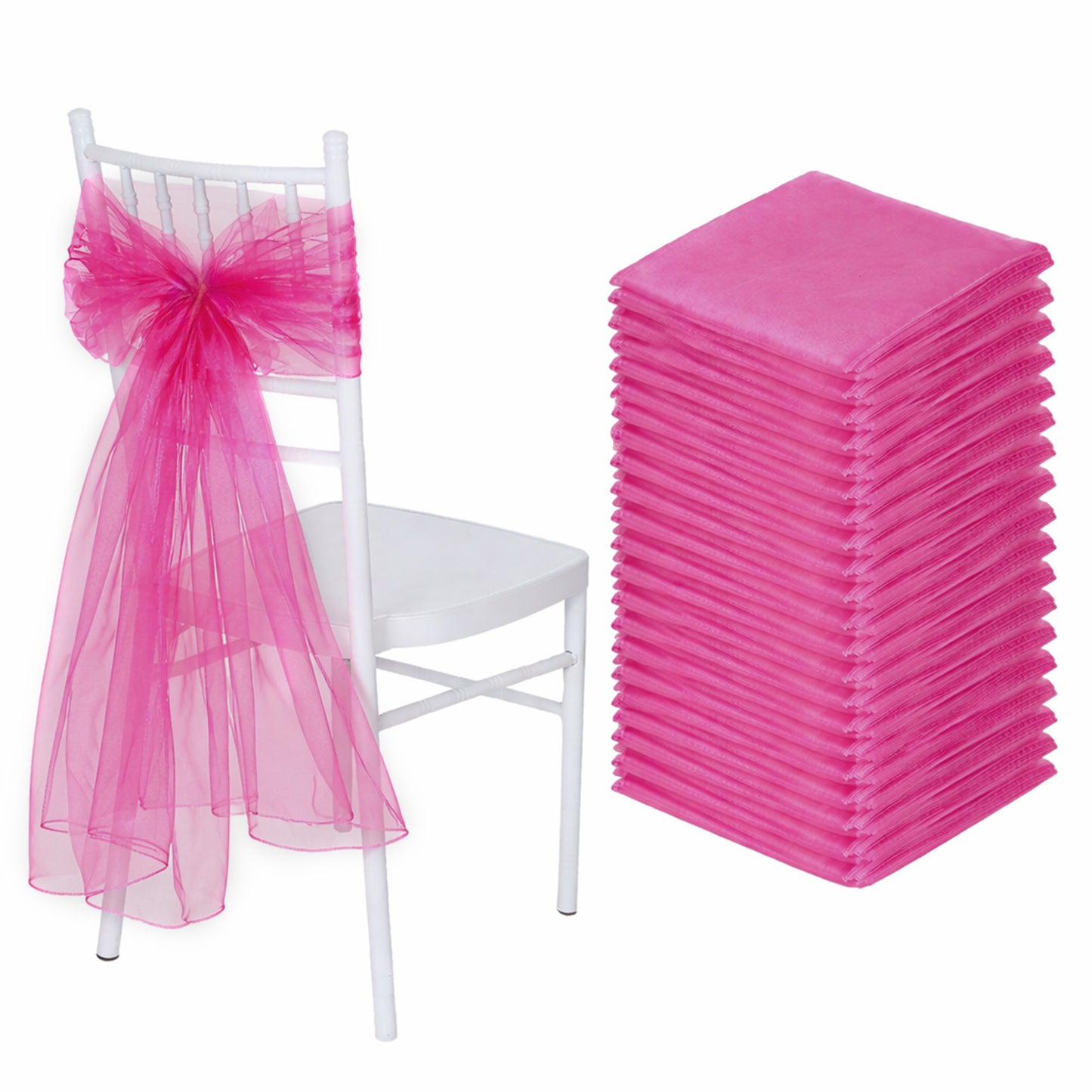 Fuchsia organza chair sashes on a white chair, ideal for weddings.