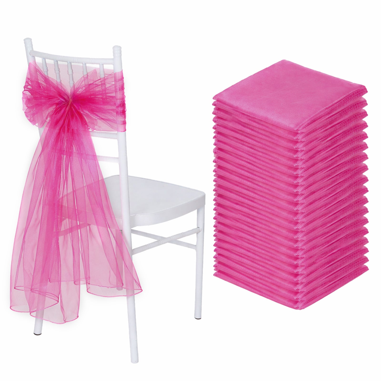 Fuchsia organza chair sashes on a white chair, ideal for weddings.