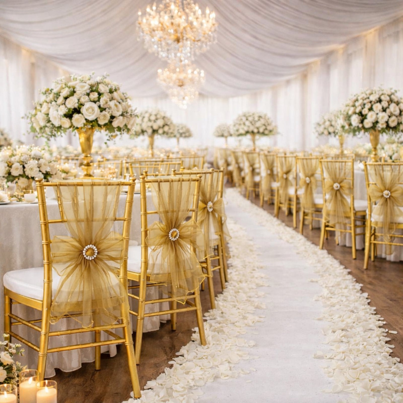 Gold organza chair sashes elegantly draped on wedding chairs in a decorated venue.