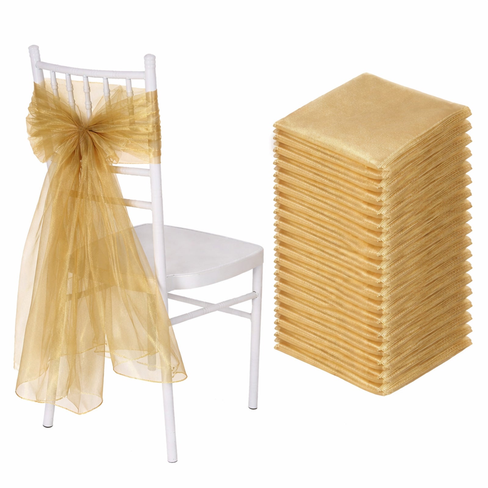 Gold organza chair sashes for weddings, 20 pack, 6"x108", reusable sheer bows.