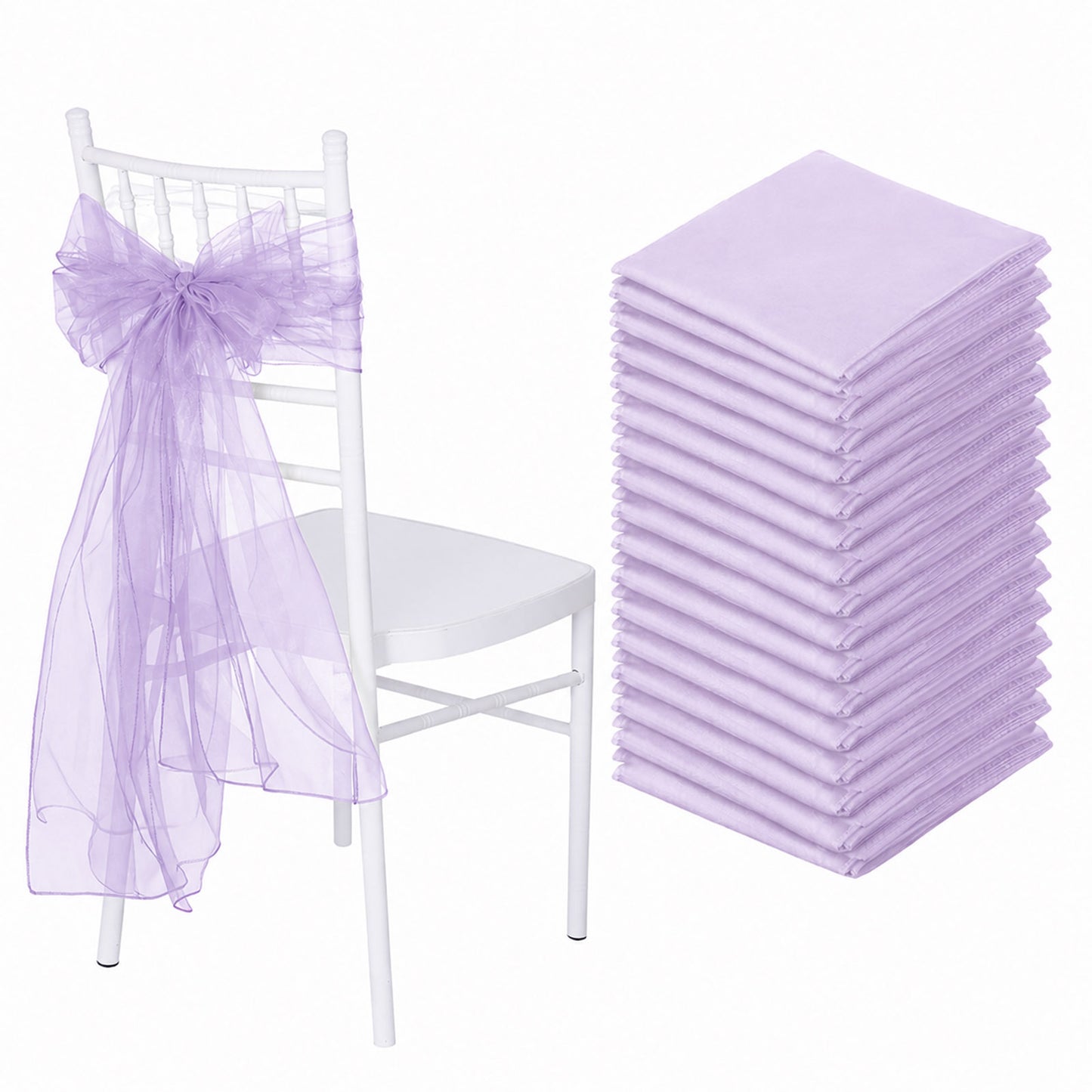 20 Pack Organza Chair Sashes Lavender Lilac 6"x108" – Reusable Sheer Wedding Chair Bows