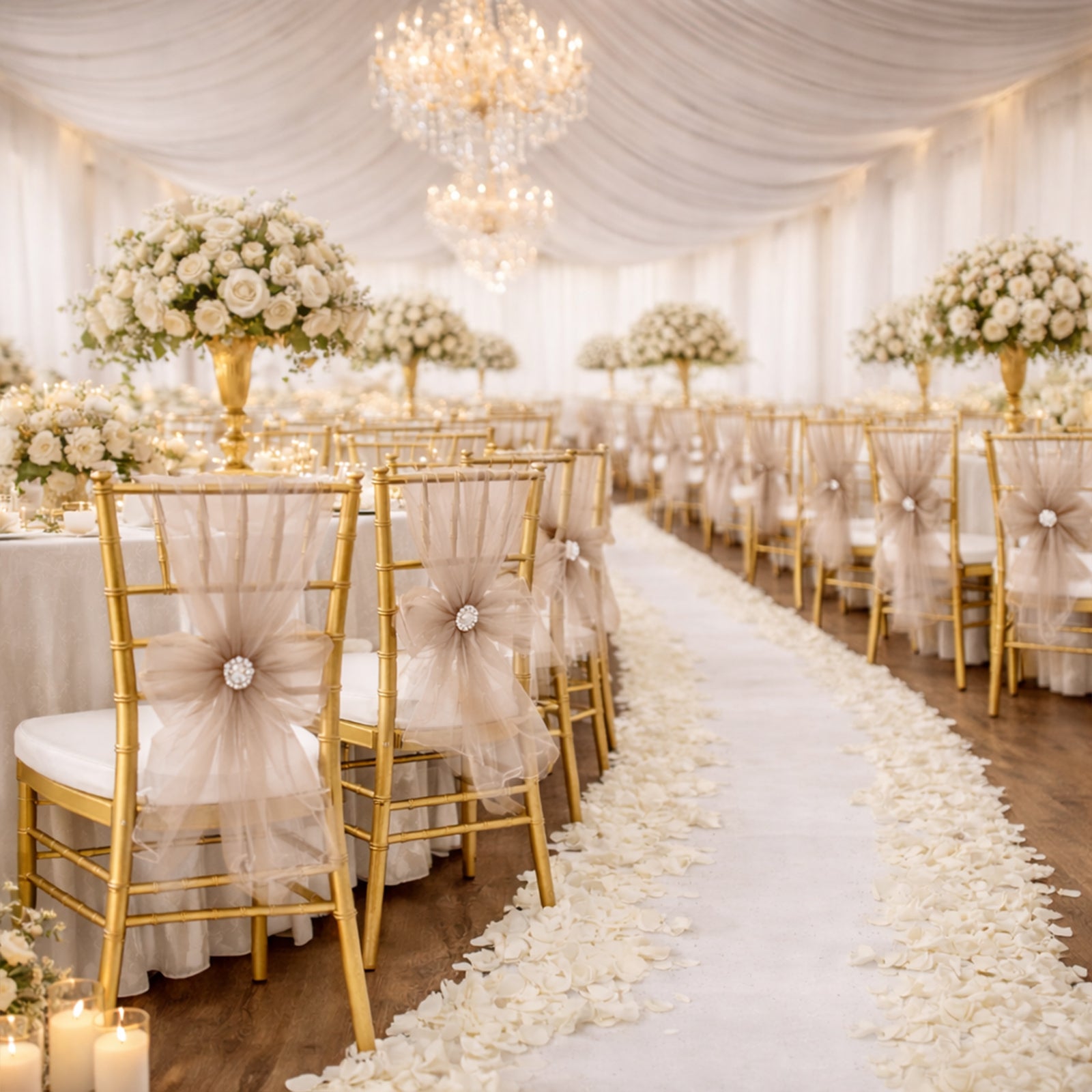 Dusty rose organza chair sashes on elegant wedding chairs.